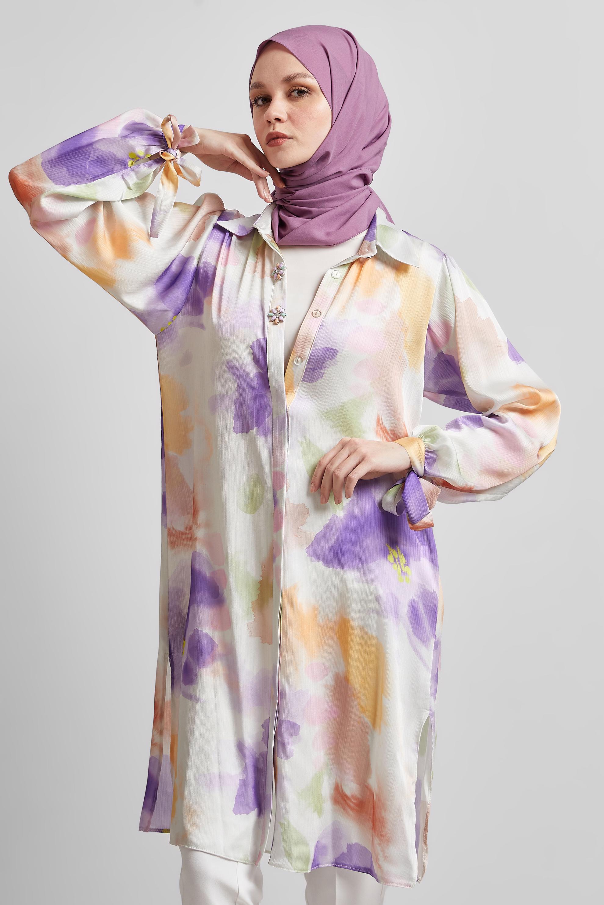 Tesettür giyim MOR DESENLİ PAMUKLU TUNİK 45399