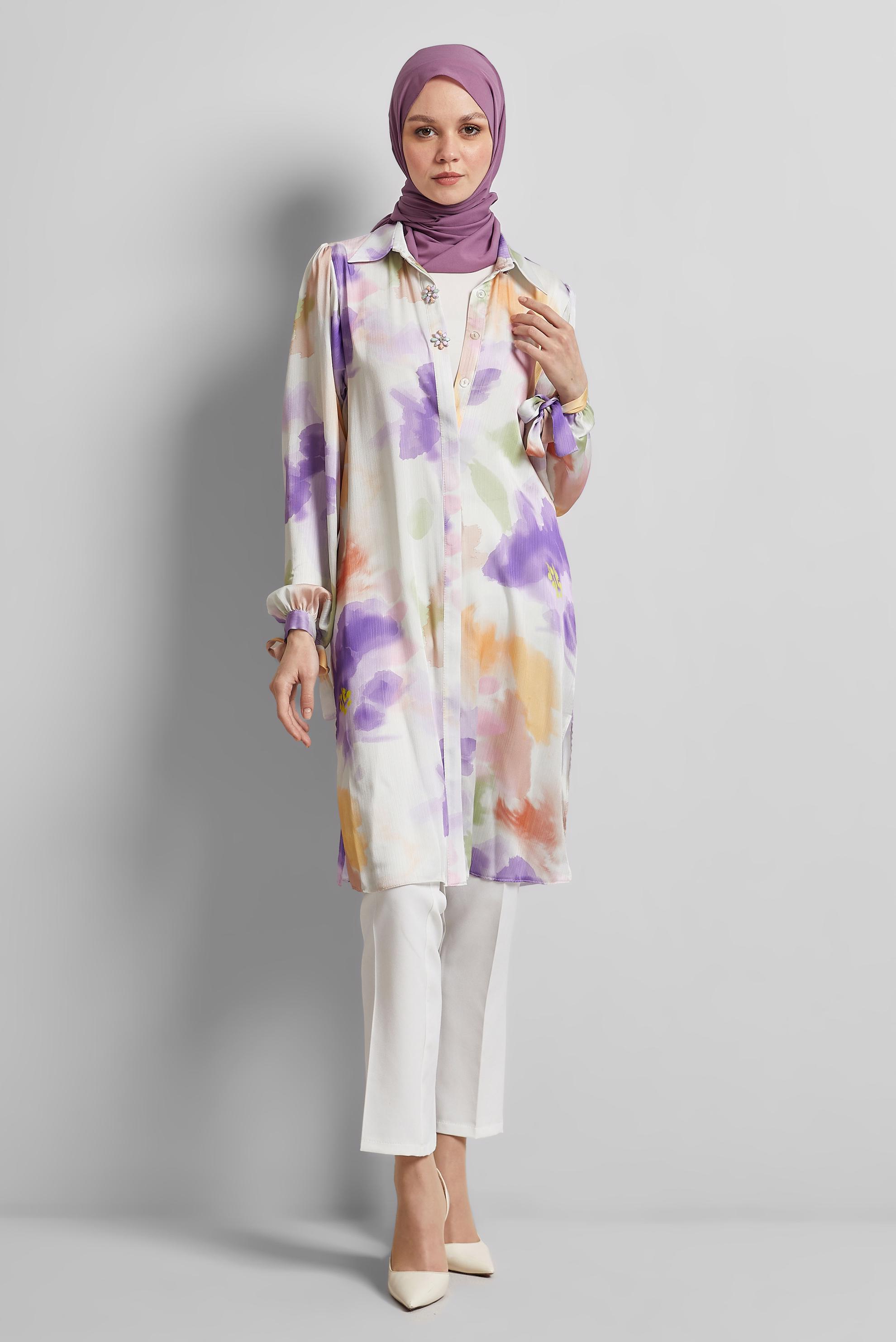 Tesettür giyim MOR DESENLİ PAMUKLU TUNİK 45399