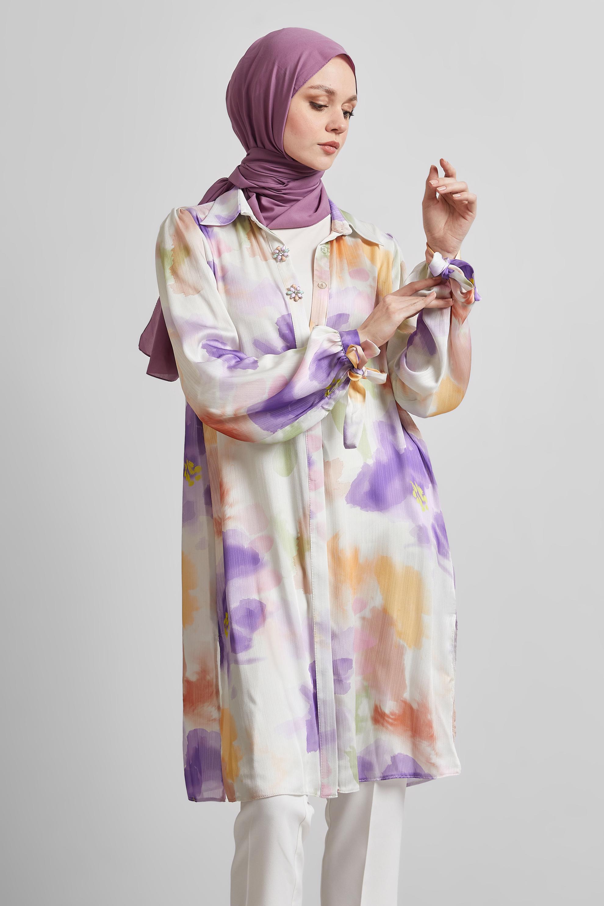 Tesettür giyim MOR DESENLİ PAMUKLU TUNİK 45399