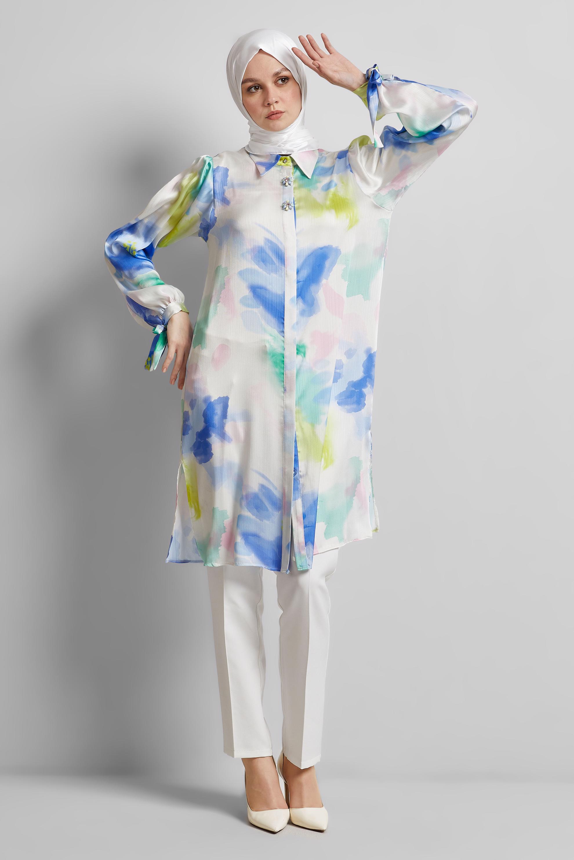 Tesettür giyim LACİVERT DESENLİ PAMUKLU TUNİK 45399