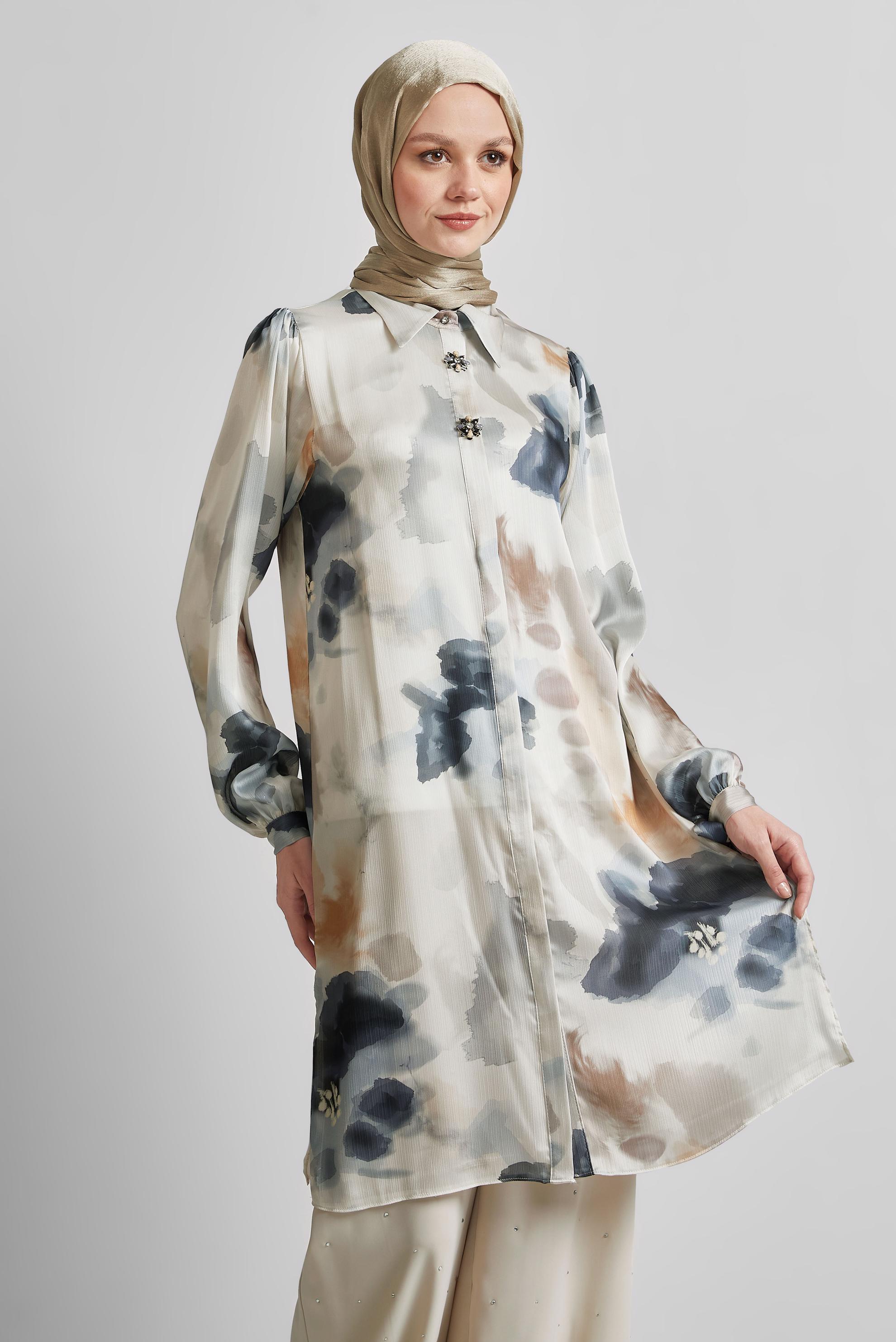 Tesettür giyim SİYAH DESENLİ PAMUKLU TUNİK 45399