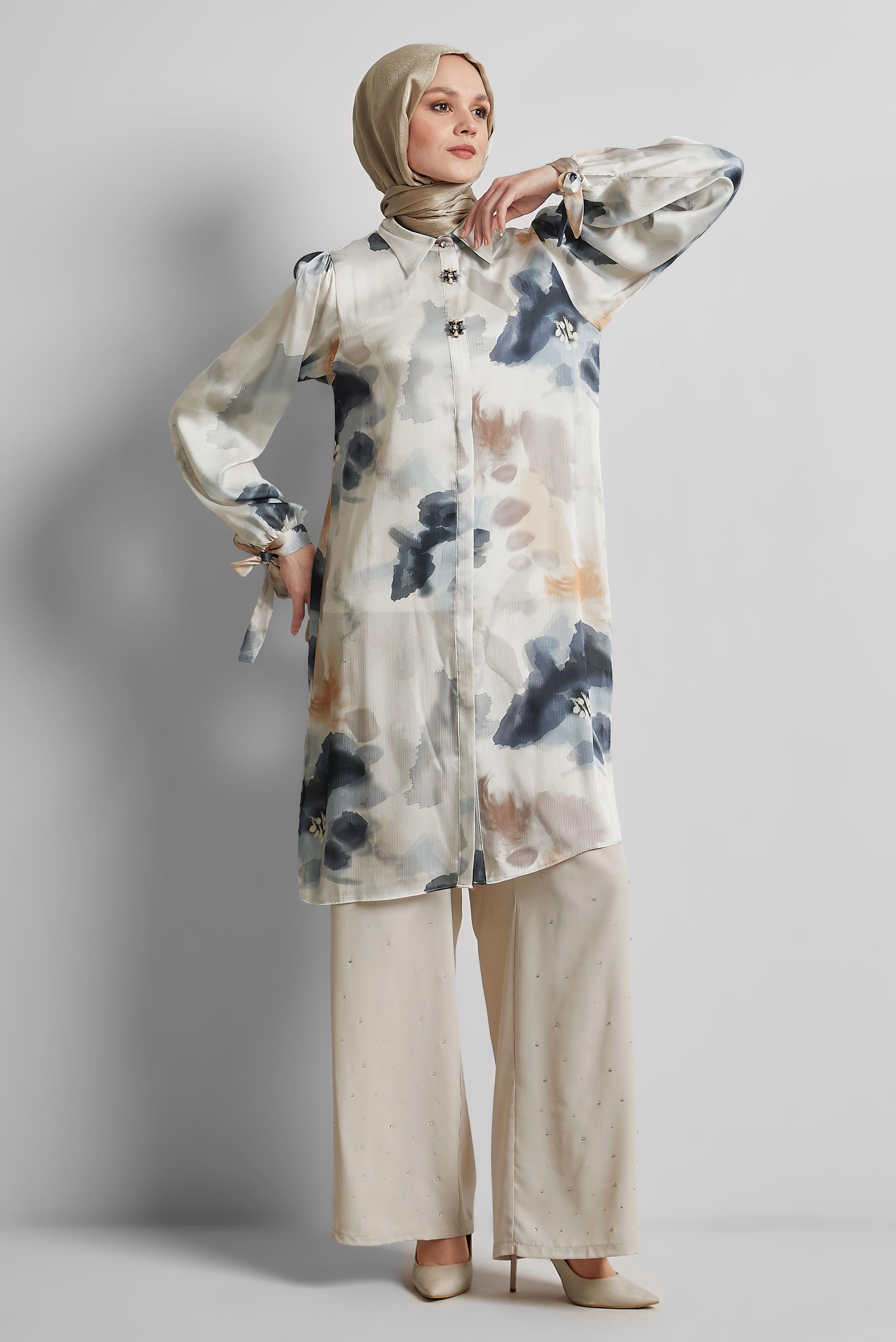 Tesettür giyim SİYAH DESENLİ PAMUKLU TUNİK 45399