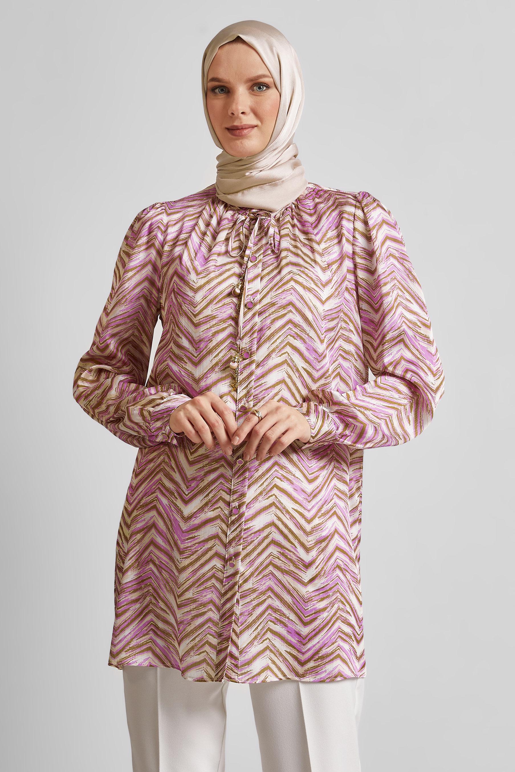 Tesettür giyim PEMBE DESENLİ SATEN TUNİK 45401