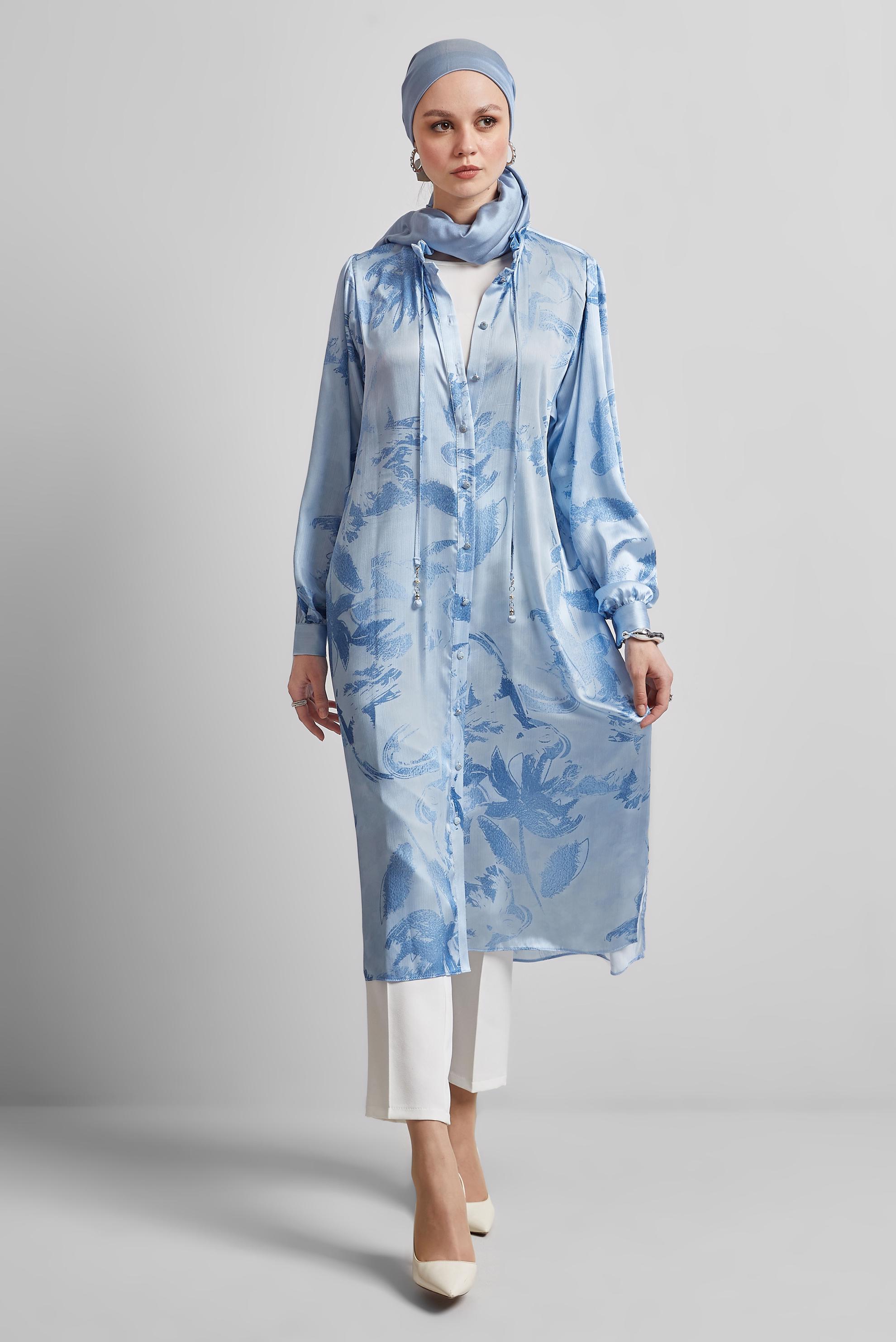 Tesettür giyim MAVİ SATEN GÖMLEK TUNİK 45403