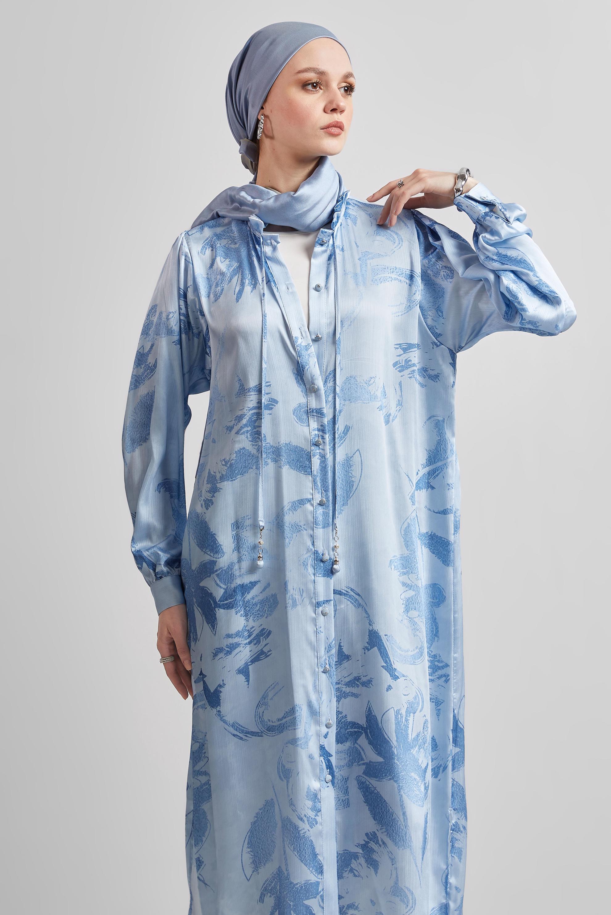 Tesettür giyim MAVİ SATEN GÖMLEK TUNİK 45403