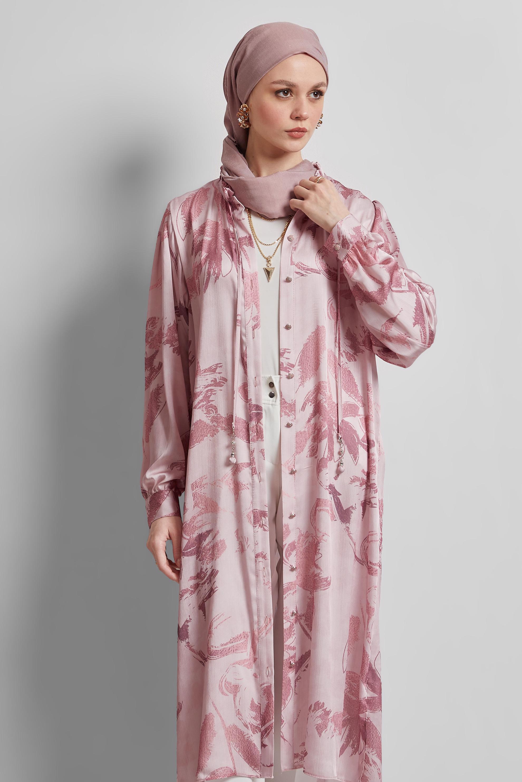 Tesettür giyim PEMBE SATEN GÖMLEK TUNİK 45403