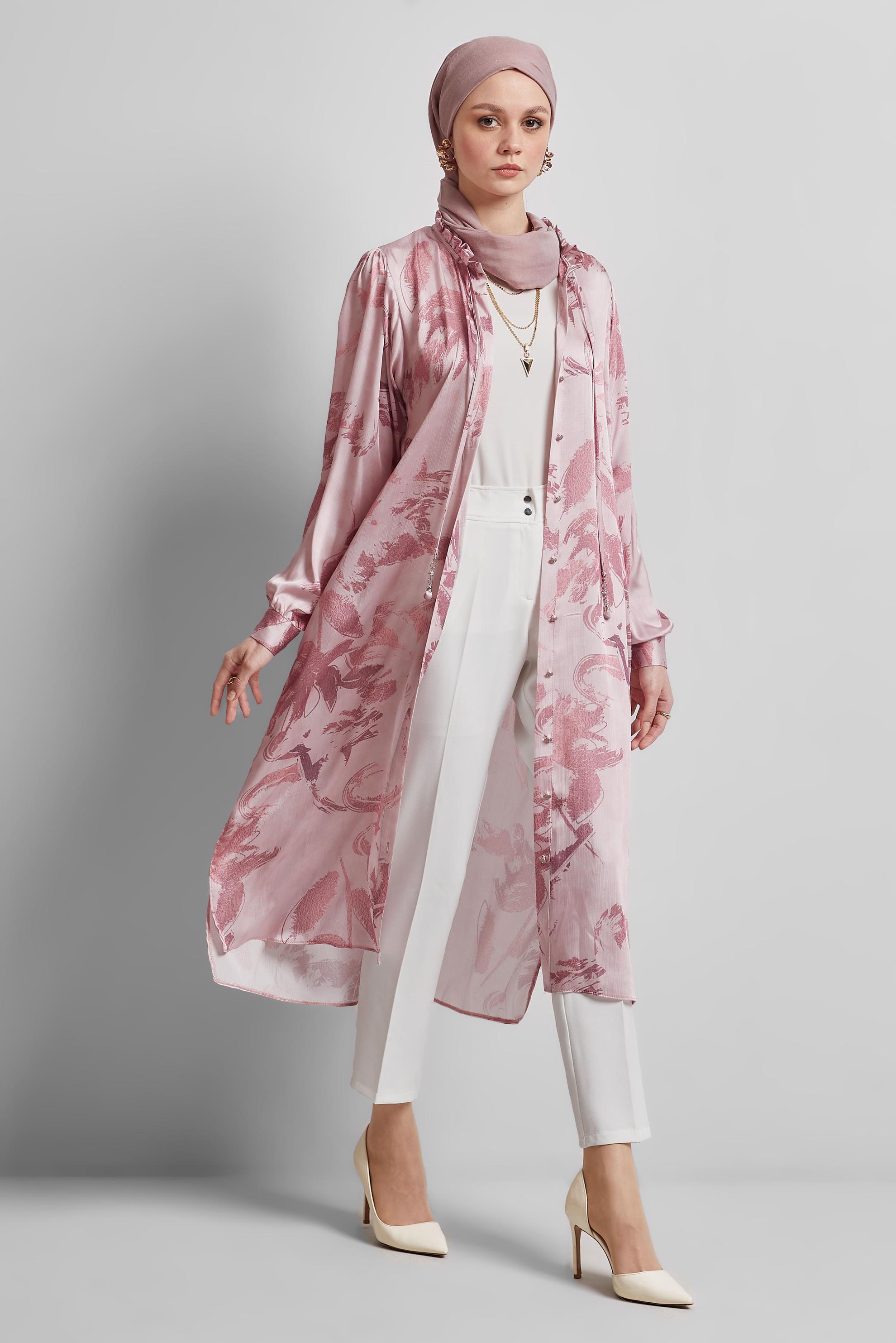 Tesettür giyim PEMBE SATEN GÖMLEK TUNİK 45403