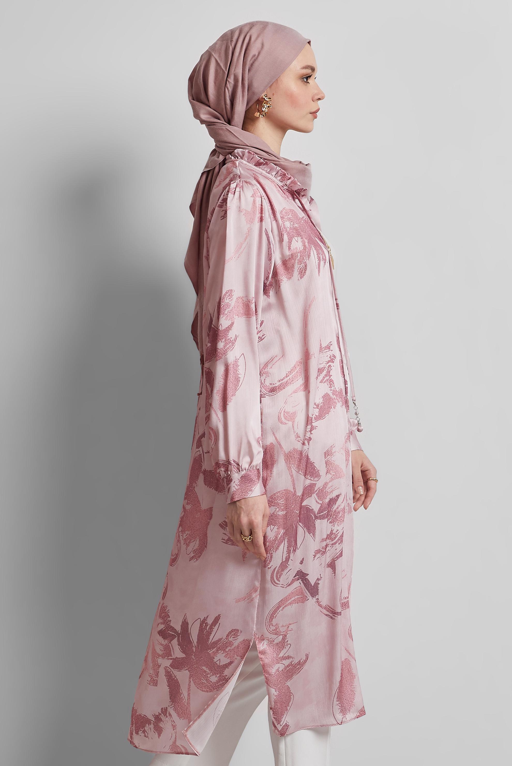 Tesettür giyim PEMBE SATEN GÖMLEK TUNİK 45403