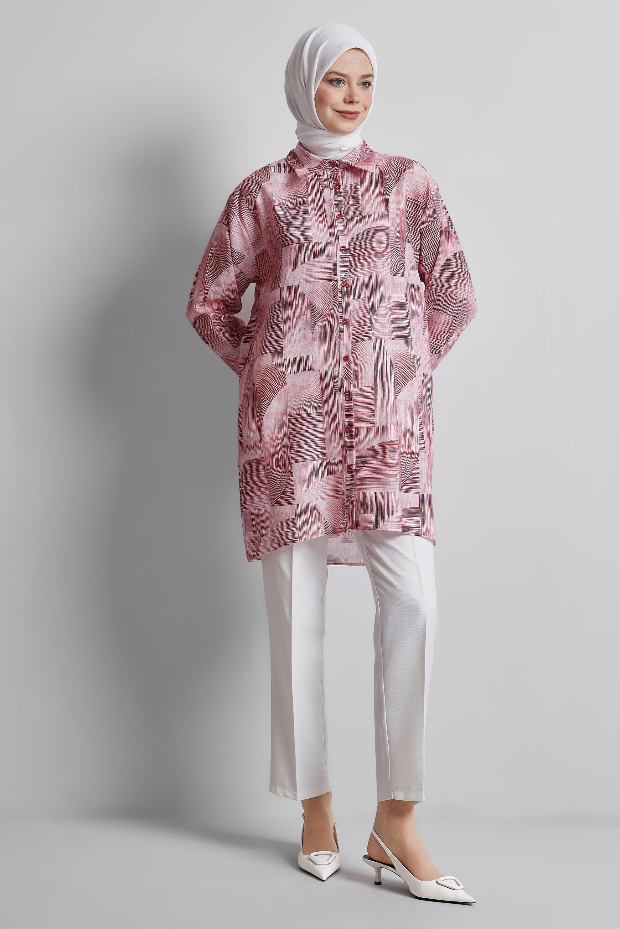 Tesettür giyim BORDO DESENLİ TUNİK 45405