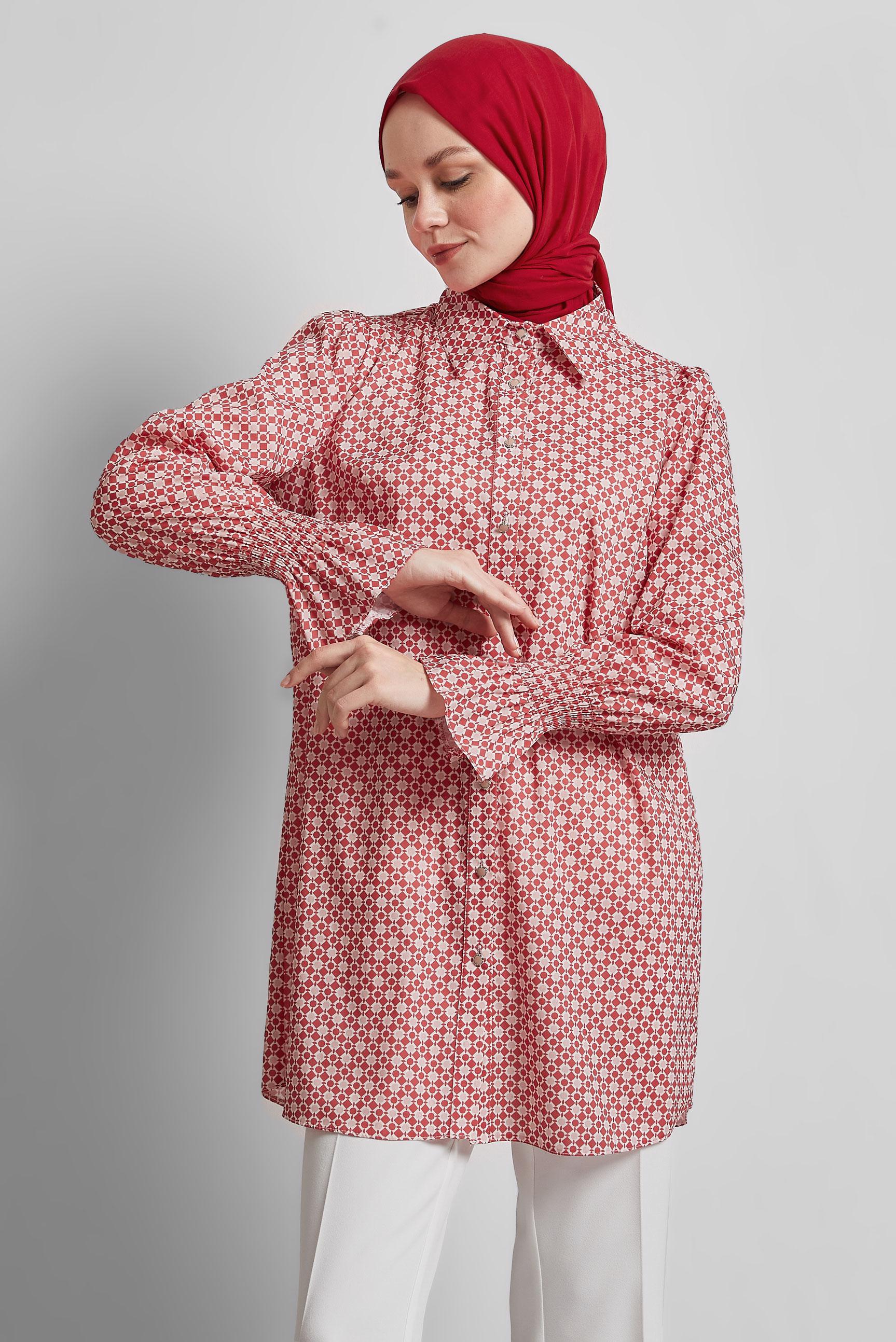 Tesettür giyim KIRMIZI DESENLİ TUNİK 45408