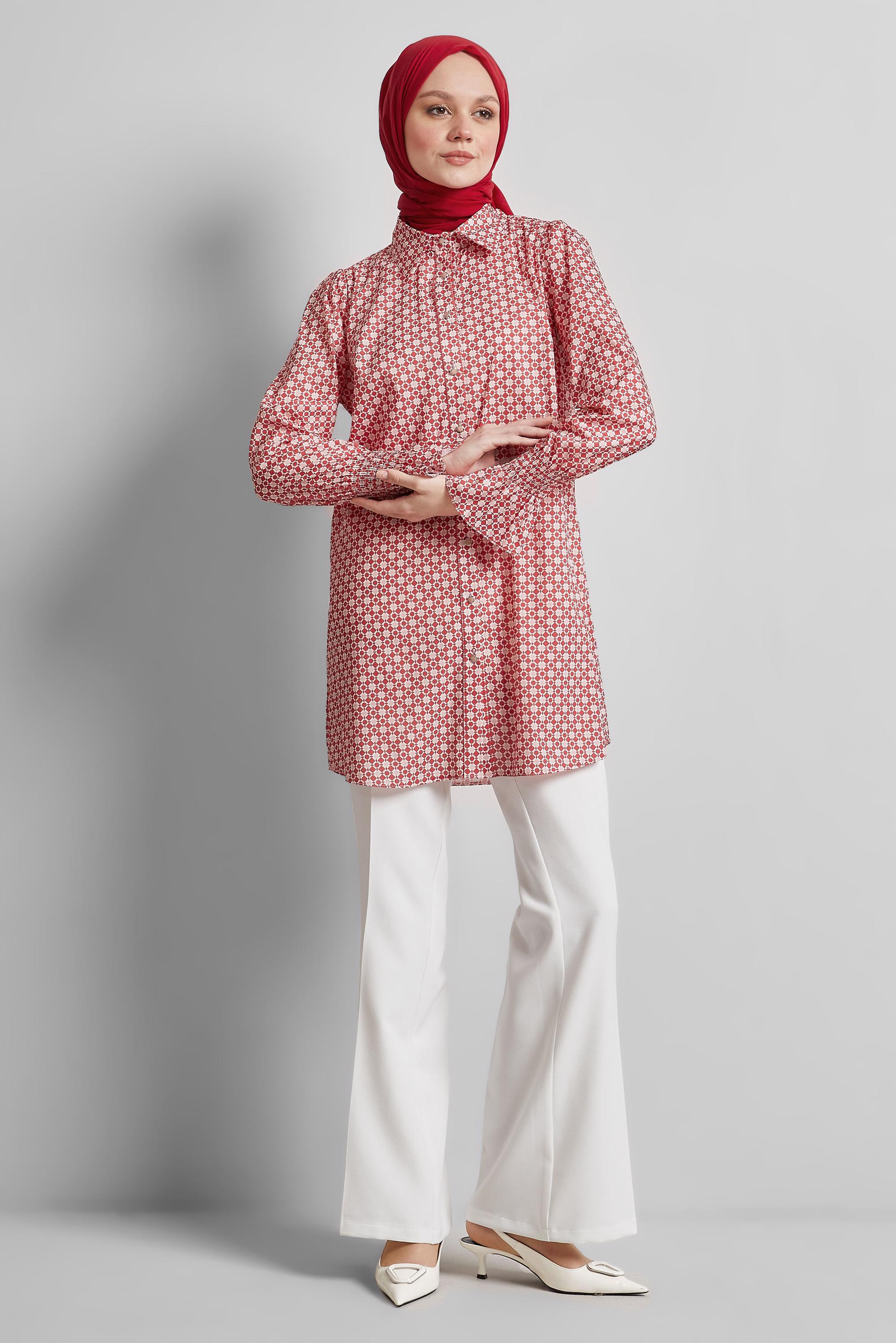 Tesettür giyim KIRMIZI DESENLİ TUNİK 45408