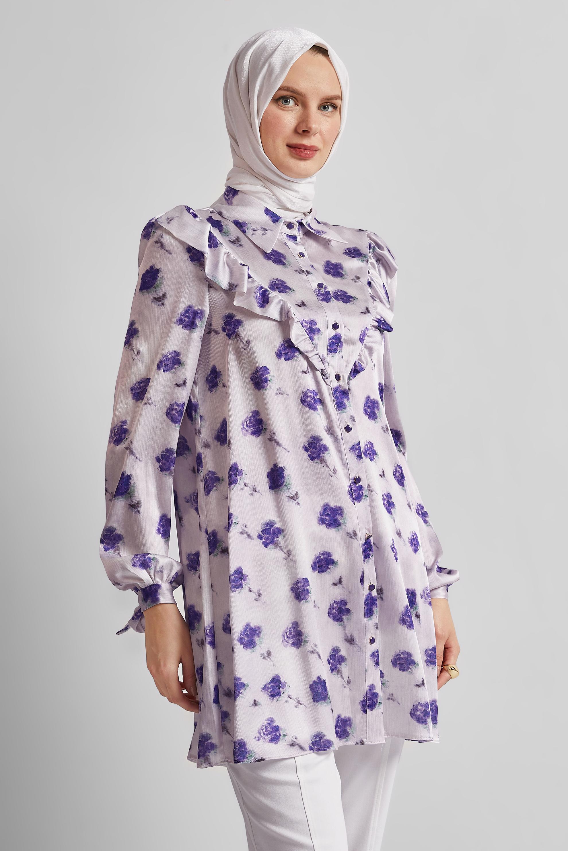 Tesettür giyim MOR DESENLİ SATEN TUNİK 45410