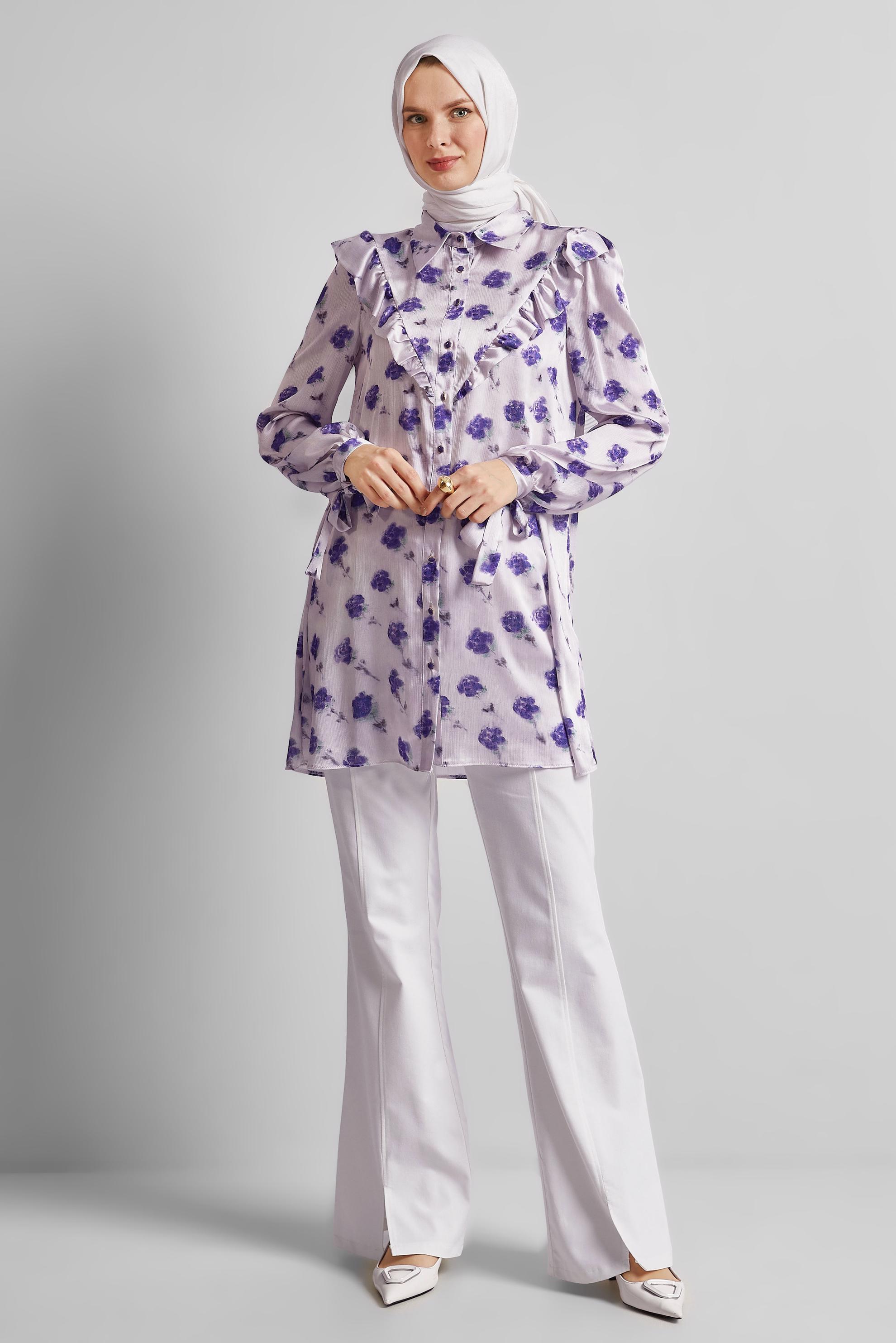 Tesettür giyim MOR DESENLİ SATEN TUNİK 45410