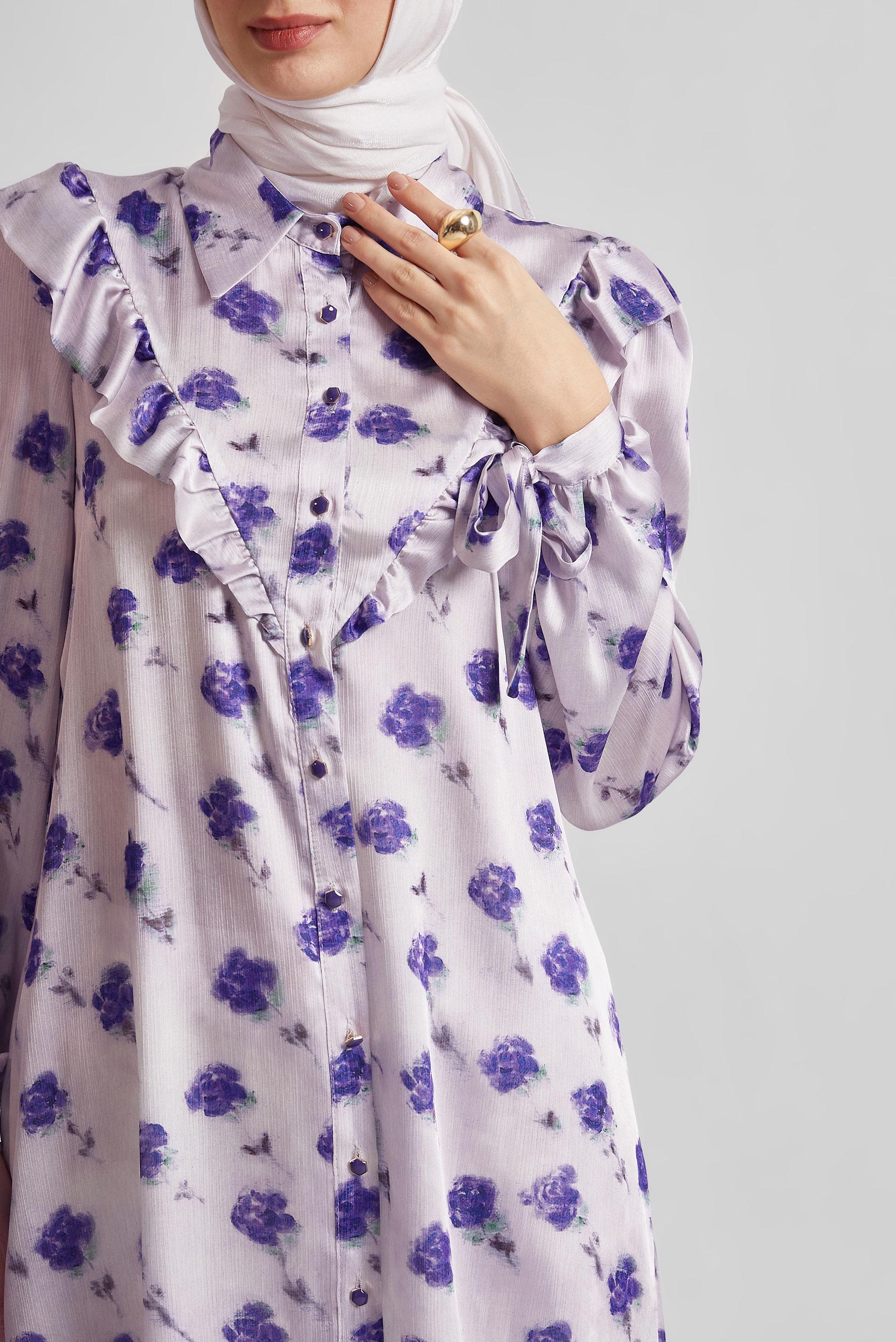 Tesettür giyim MOR DESENLİ SATEN TUNİK 45410