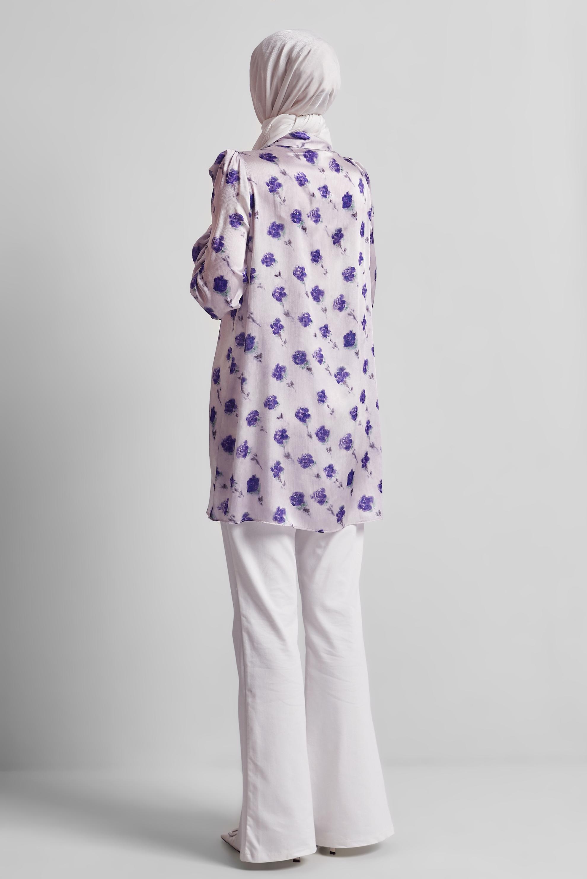 Tesettür giyim MOR DESENLİ SATEN TUNİK 45410