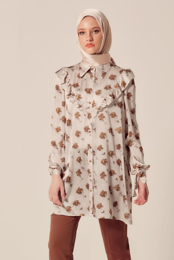 Hijab-Kleidung KUPFER / BRONZE GEMUSTERTE SATIN-TUNIKA 45410 - ALVİNA