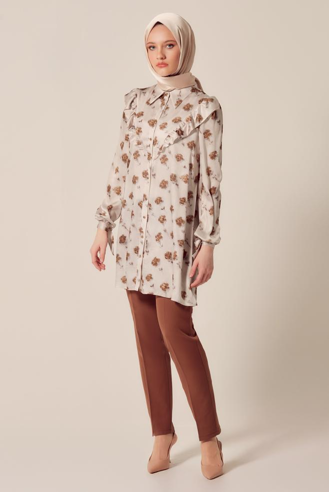 Hijab-Kleidung KUPFER / BRONZE GEMUSTERTE SATIN-TUNIKA 45410 - ALVİNA