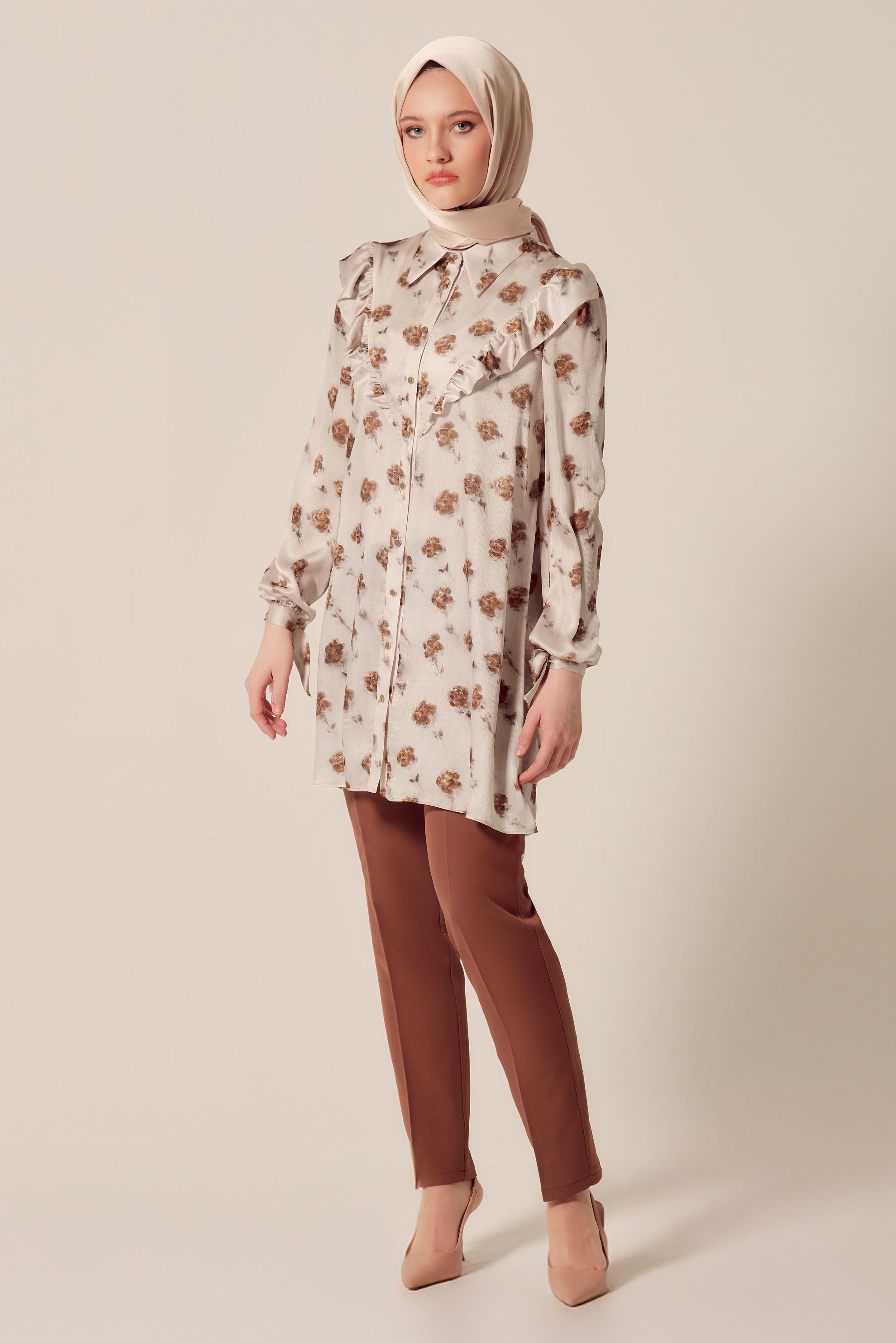 Tesettür giyim BAKIR / BRONZ DESENLİ SATEN TUNİK 45410