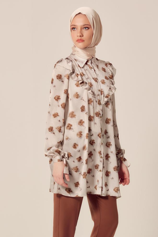 Hijab-Kleidung KUPFER / BRONZE GEMUSTERTE SATIN-TUNIKA 45410 - ALVİNA