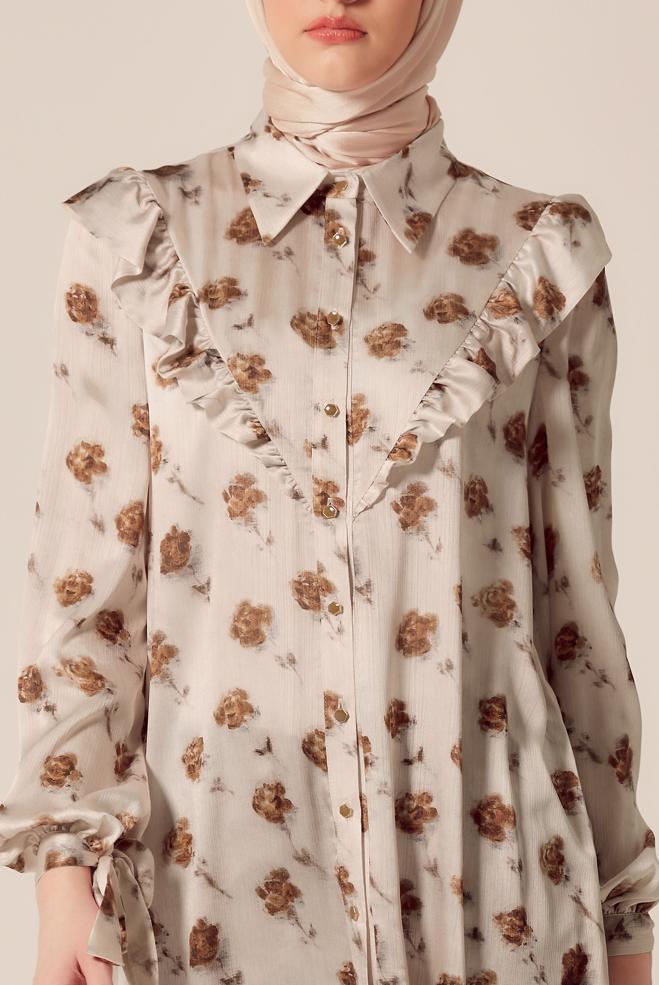 Hijab-Kleidung KUPFER / BRONZE GEMUSTERTE SATIN-TUNIKA 45410 - ALVİNA