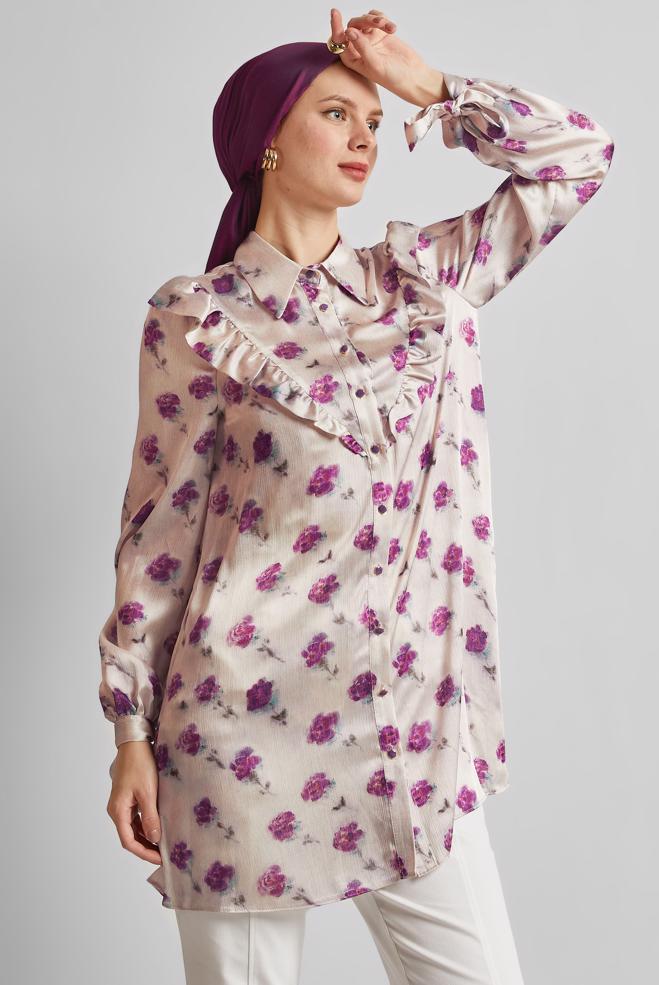 Hijab-Kleidung FUCHSIE GEMUSTERTE SATIN-TUNIKA 45410 - ALVİNA