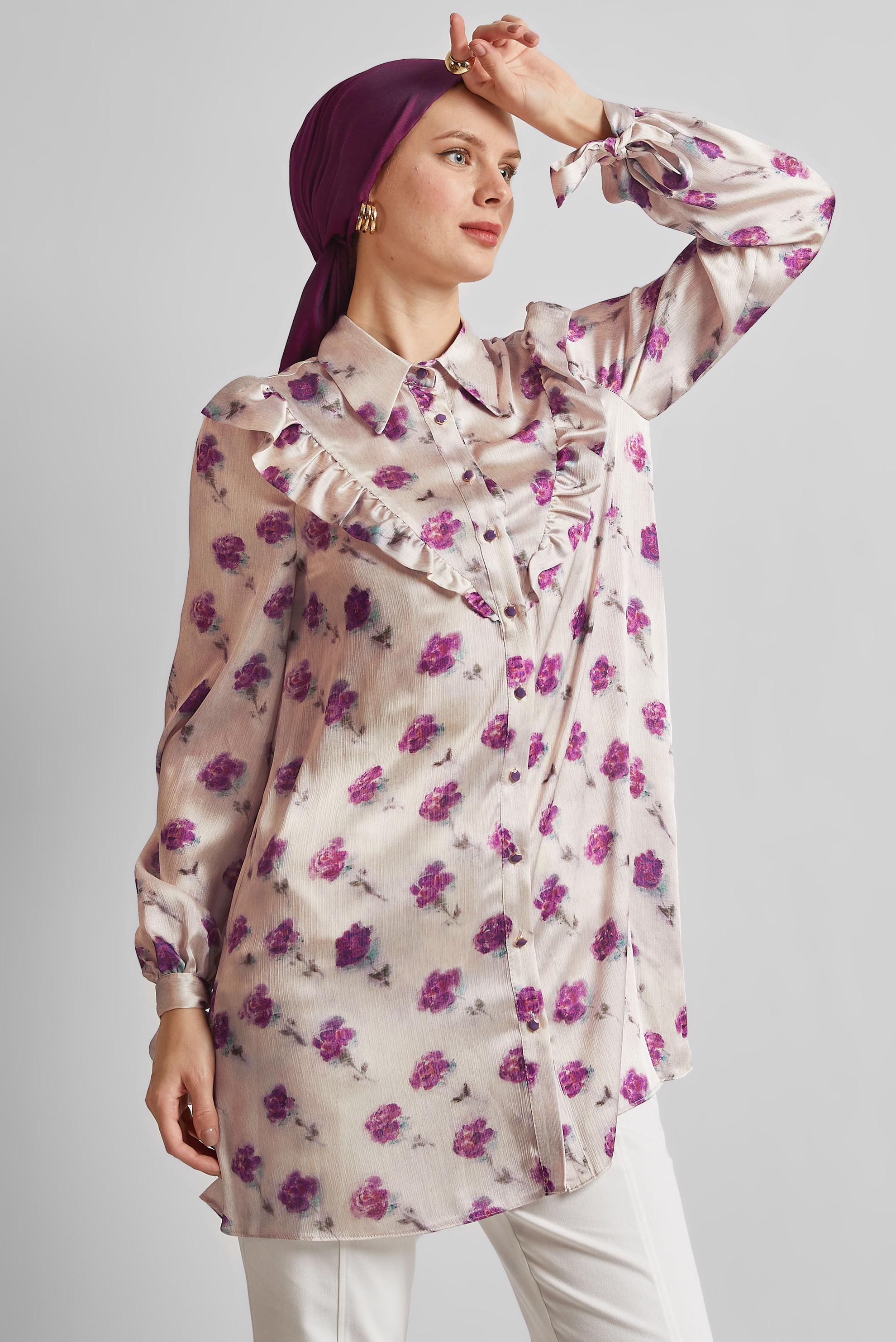 Tesettür giyim FUŞYA DESENLİ SATEN TUNİK 45410