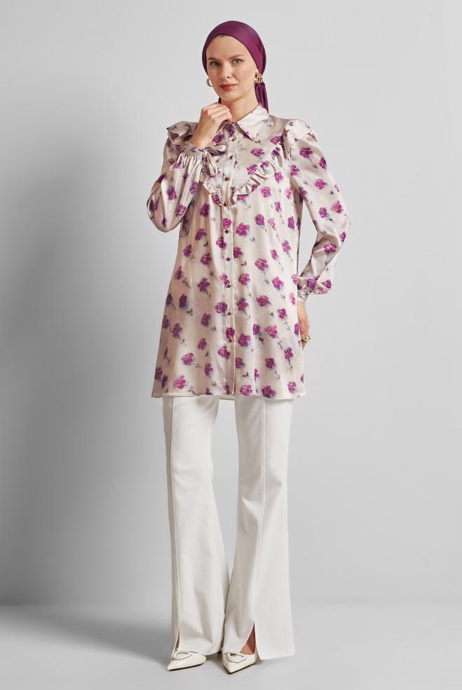 Hijab-Kleidung FUCHSIE GEMUSTERTE SATIN-TUNIKA 45410 - ALVİNA