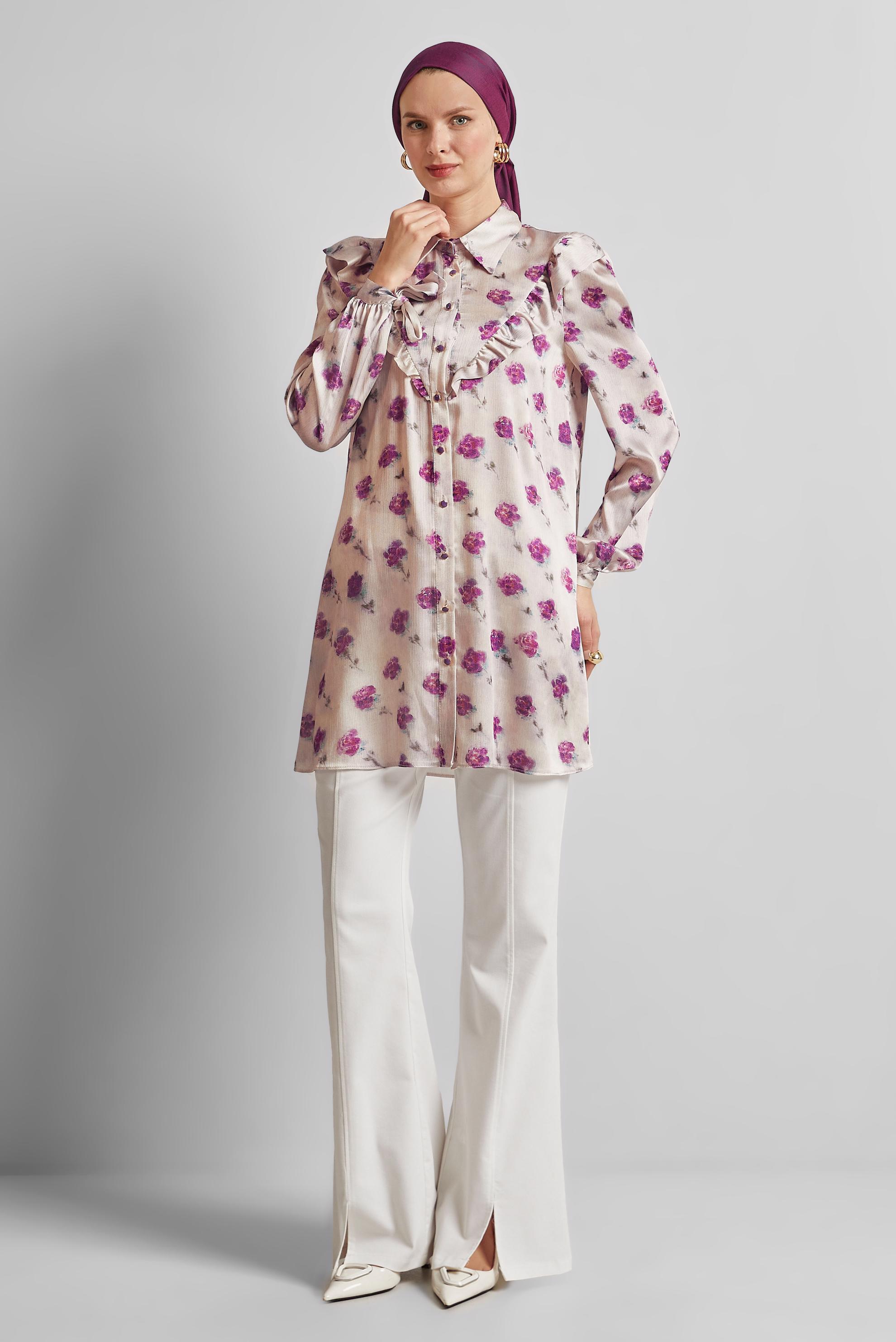 Tesettür giyim FUŞYA DESENLİ SATEN TUNİK 45410