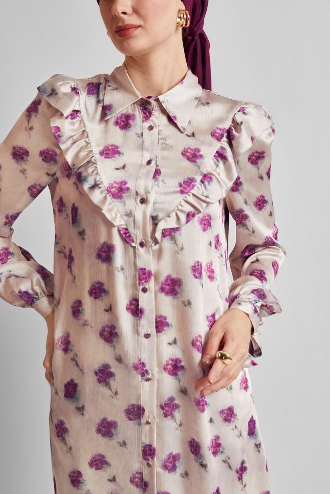 Hijab-Kleidung FUCHSIE GEMUSTERTE SATIN-TUNIKA 45410 - ALVİNA