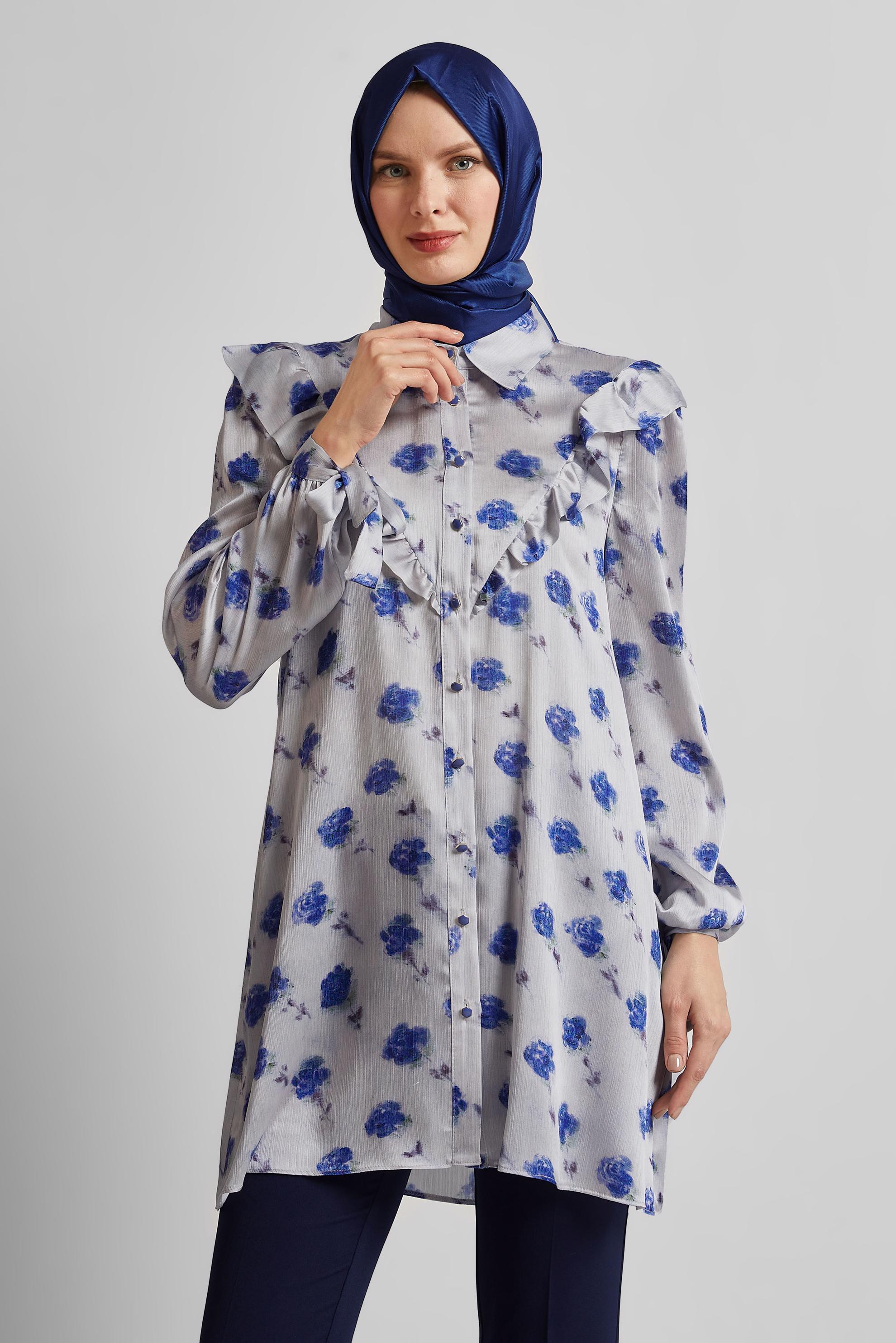 Tesettür giyim LACİVERT DESENLİ SATEN TUNİK 45410