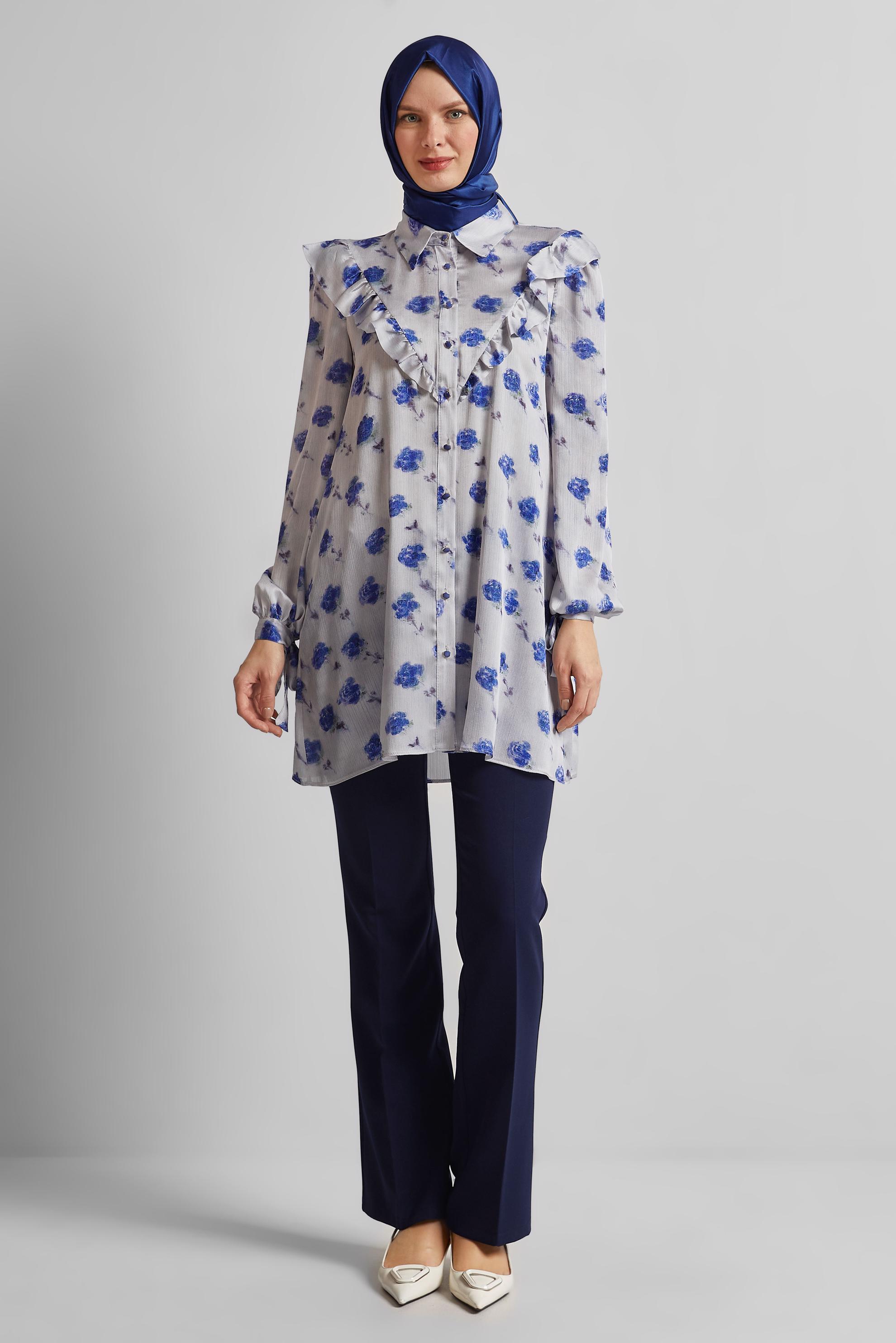 Tesettür giyim LACİVERT DESENLİ SATEN TUNİK 45410