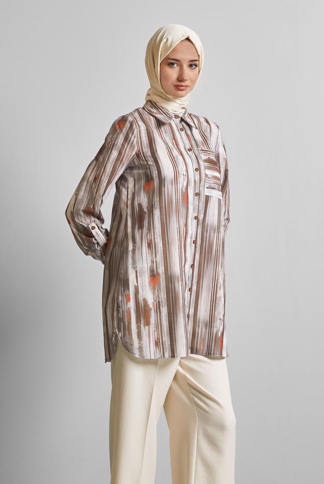 Hijab-Kleidung BRAUN TUNIKA MIT LEINENSTRUKTUR 45411 - ALVİNA