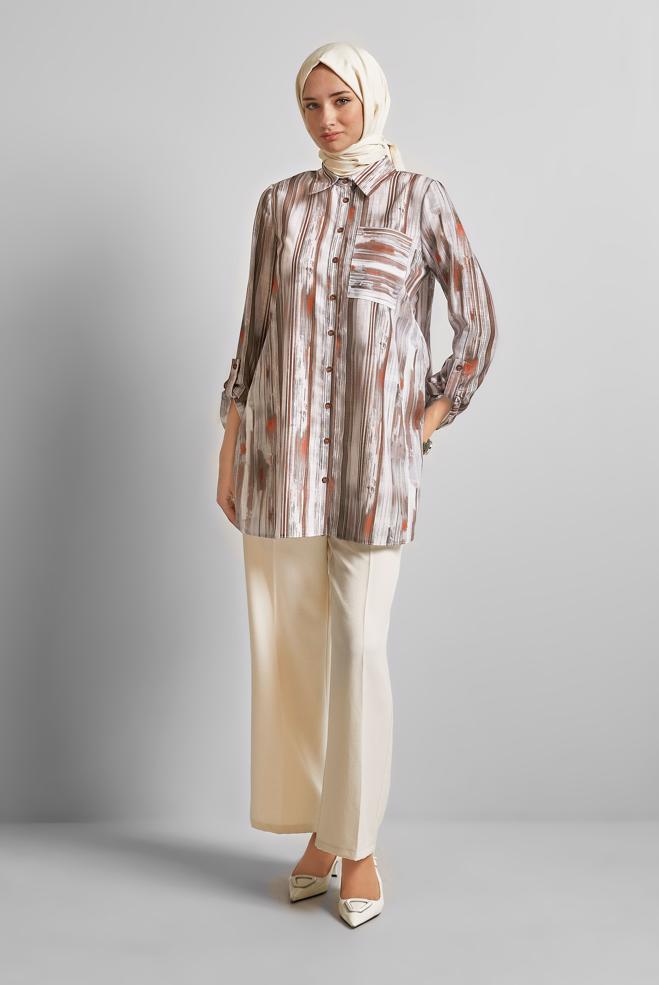 Hijab-Kleidung BRAUN TUNIKA MIT LEINENSTRUKTUR 45411 - ALVİNA