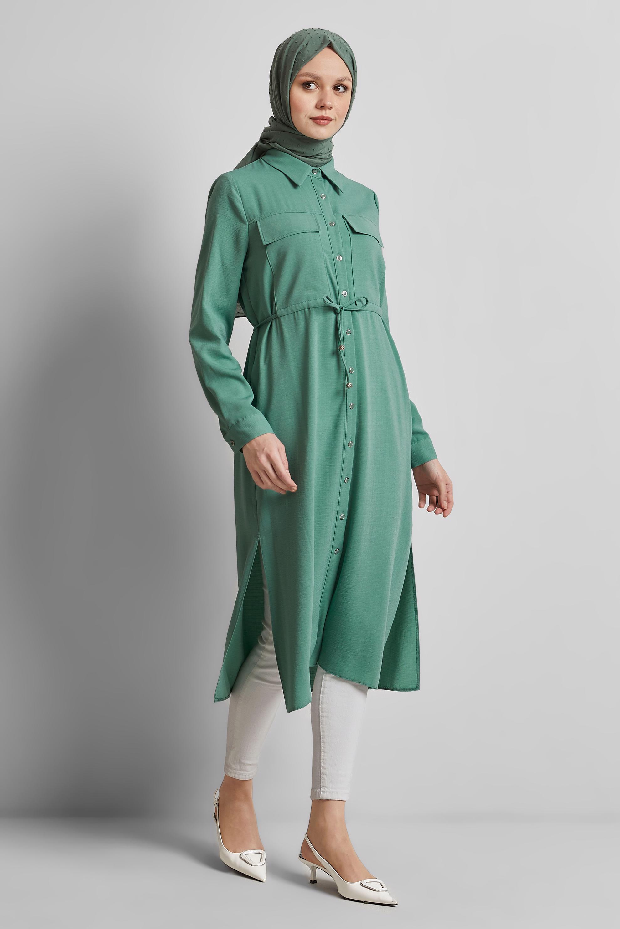 Tesettür giyim YEŞİL GÖMLEK YAKA TESETTÜR TUNİK 45413