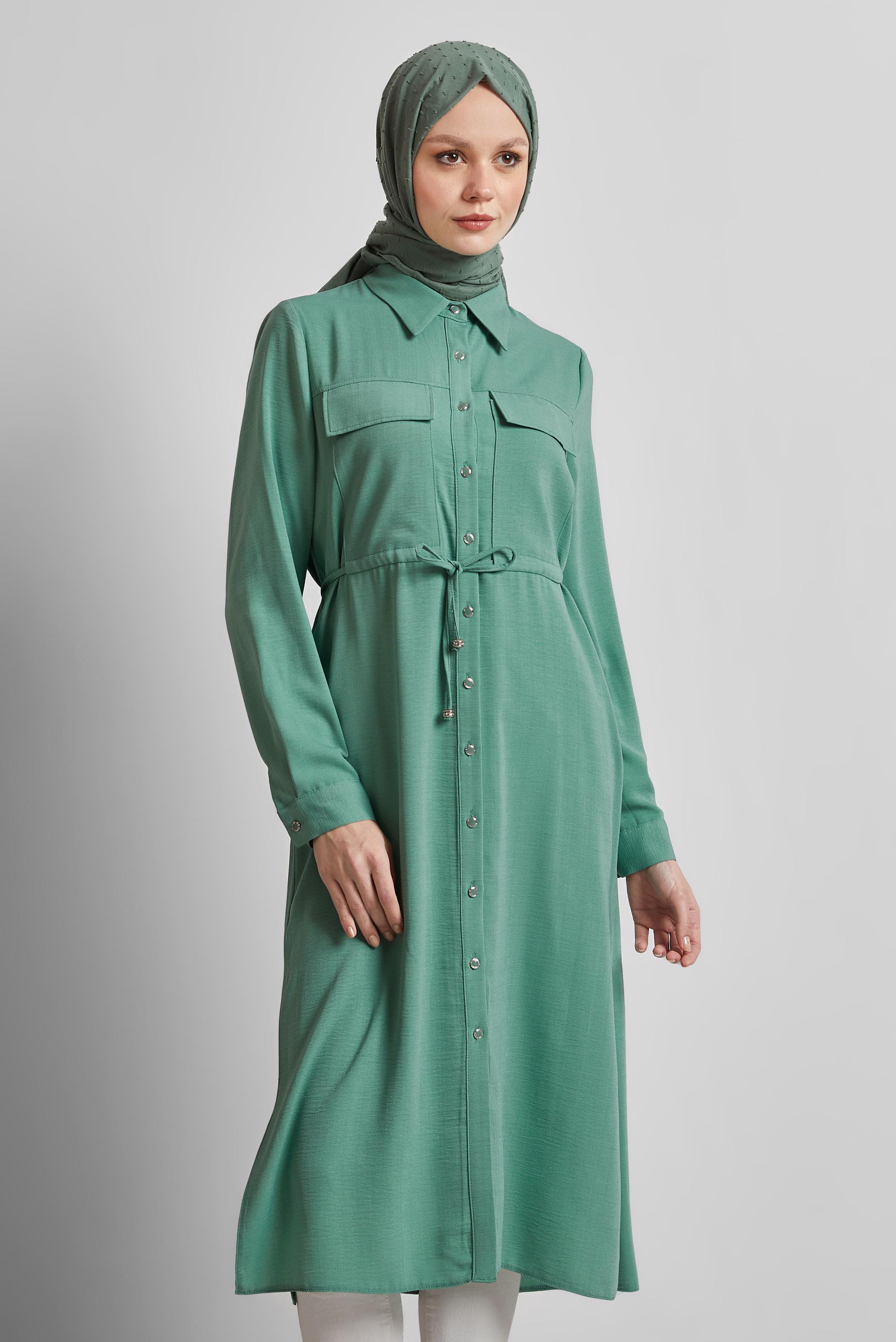 Tesettür giyim YEŞİL GÖMLEK YAKA TESETTÜR TUNİK 45413