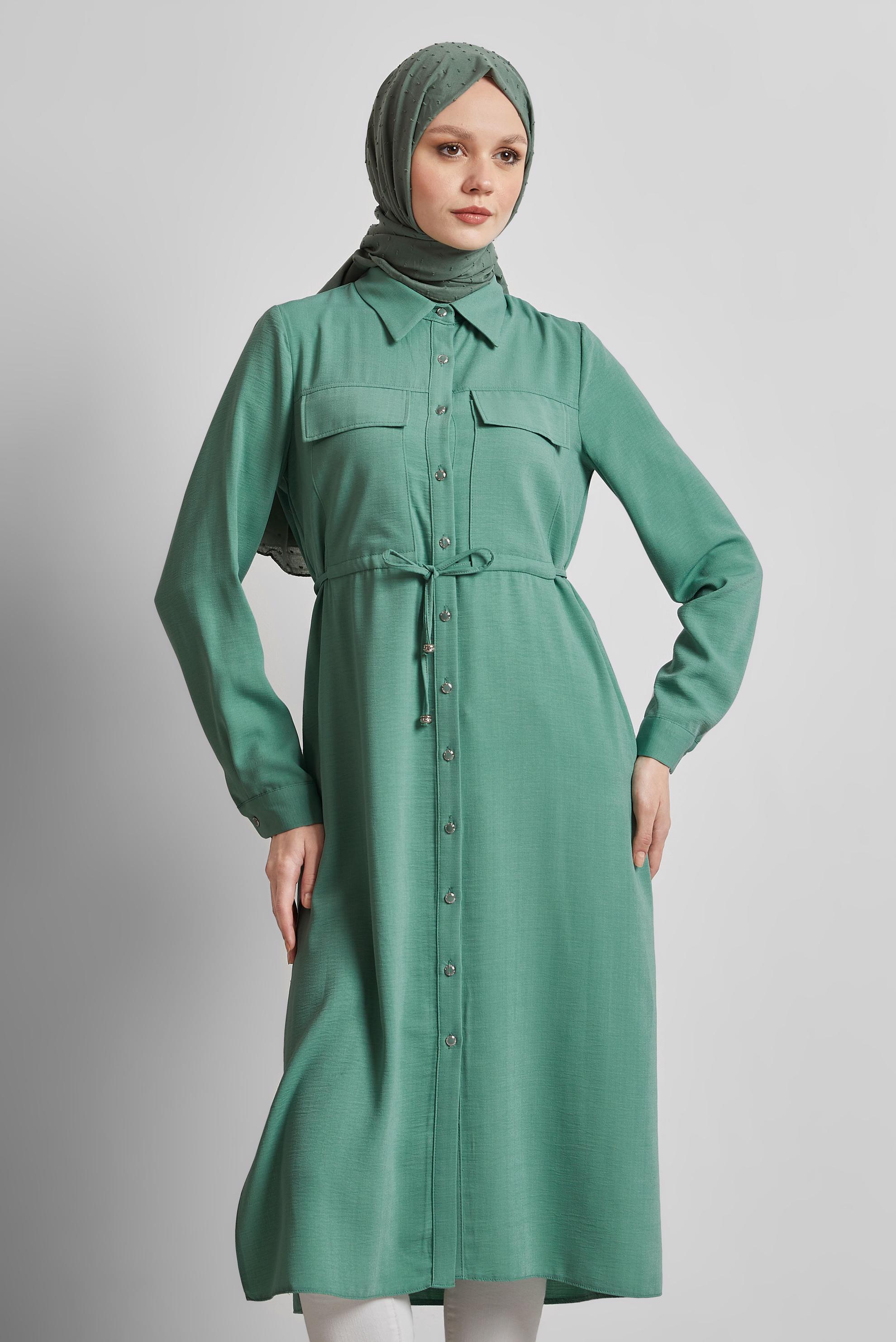 Tesettür giyim YEŞİL GÖMLEK YAKA TESETTÜR TUNİK 45413