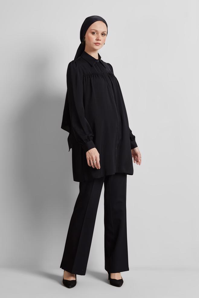 Tesettür giyim SİYAH GÖMLEK YAKA TUNİK 45415  - ALVİNA