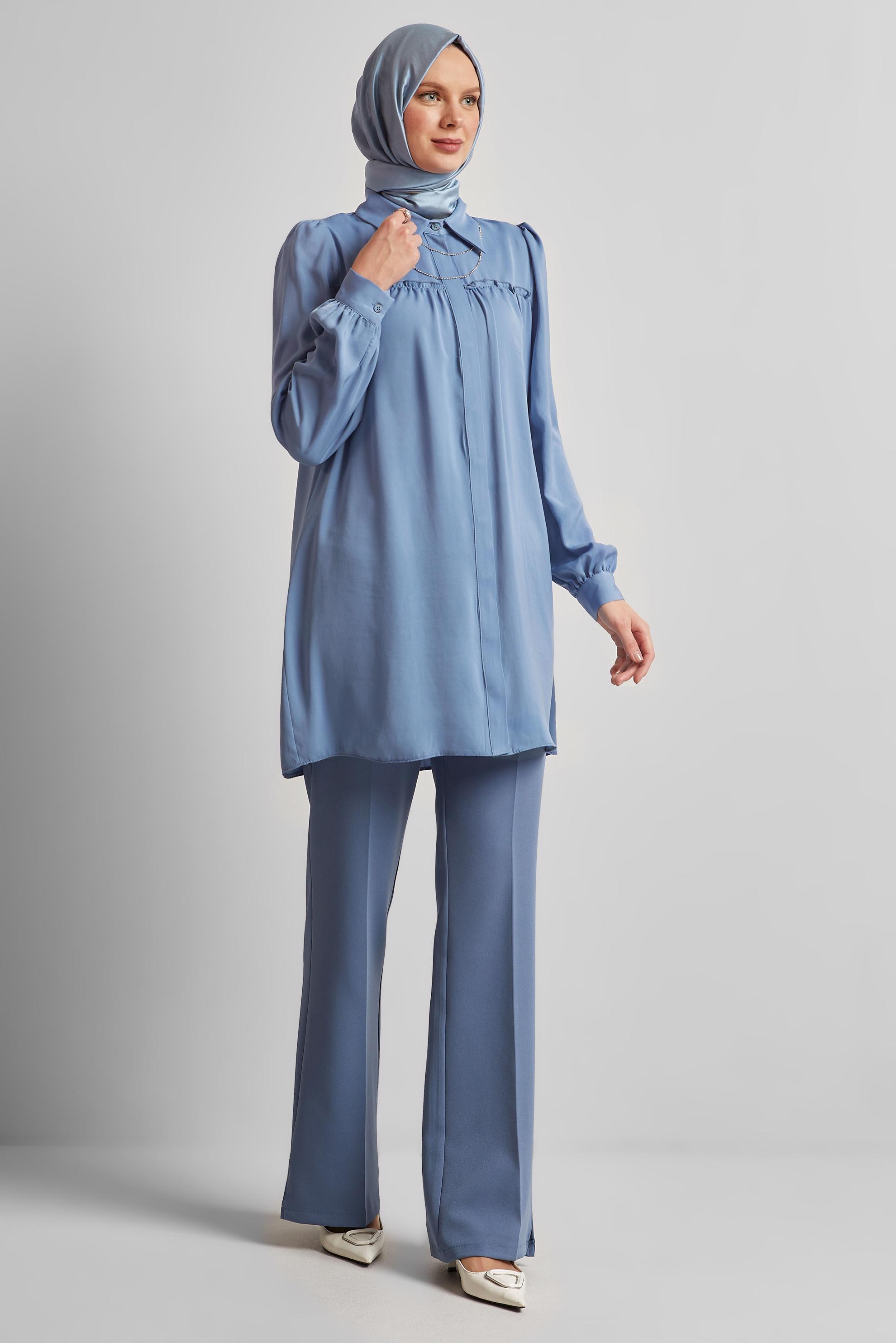 Tesettür giyim MAVİ GÖMLEK YAKA TUNİK 45415 