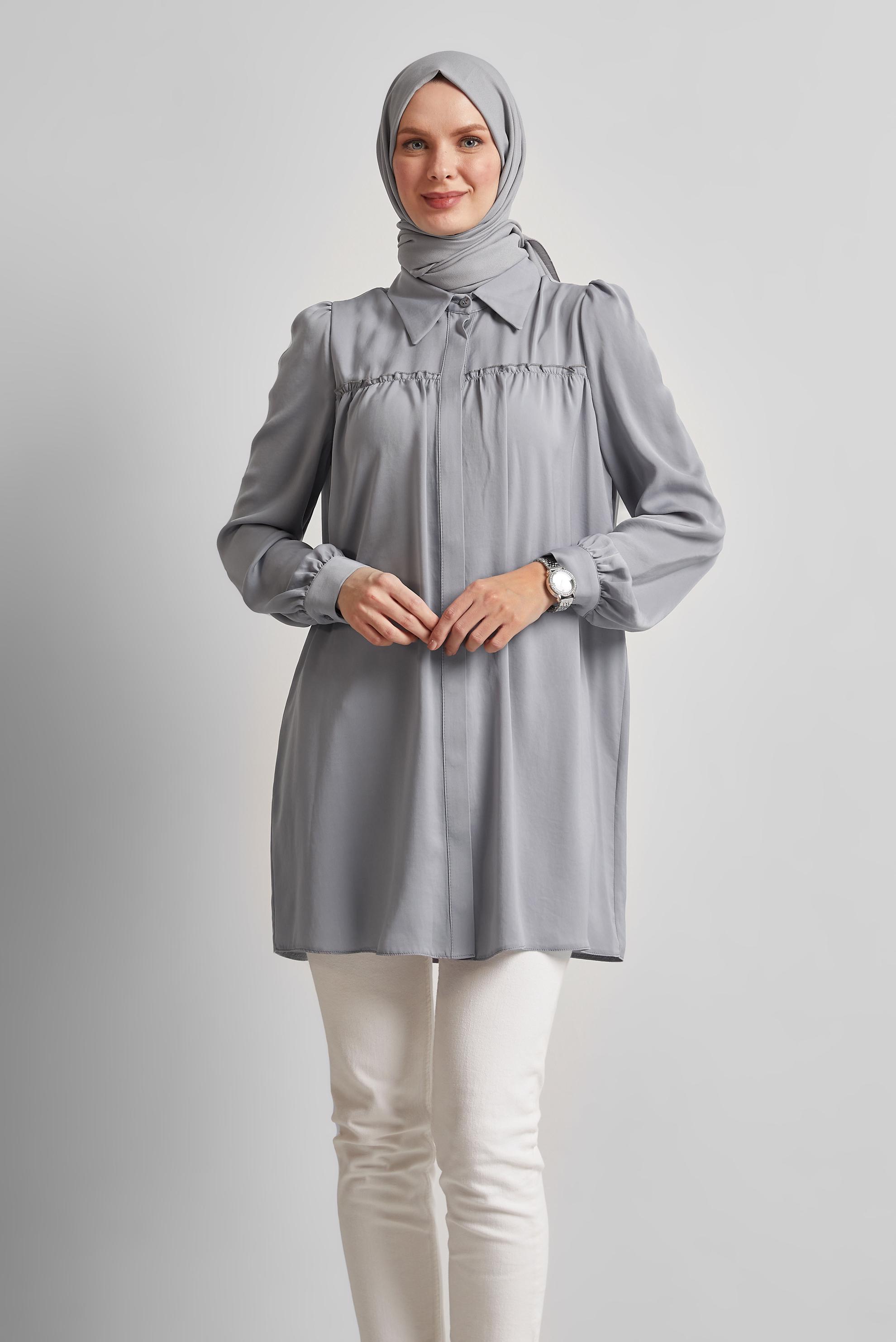 Tesettür giyim GRİ GÖMLEK YAKA TUNİK 45415 