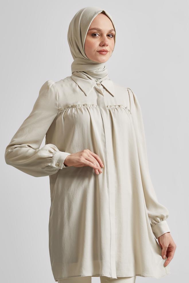 Tesettür giyim BEJ GÖMLEK YAKA TUNİK 45415  - ALVİNA