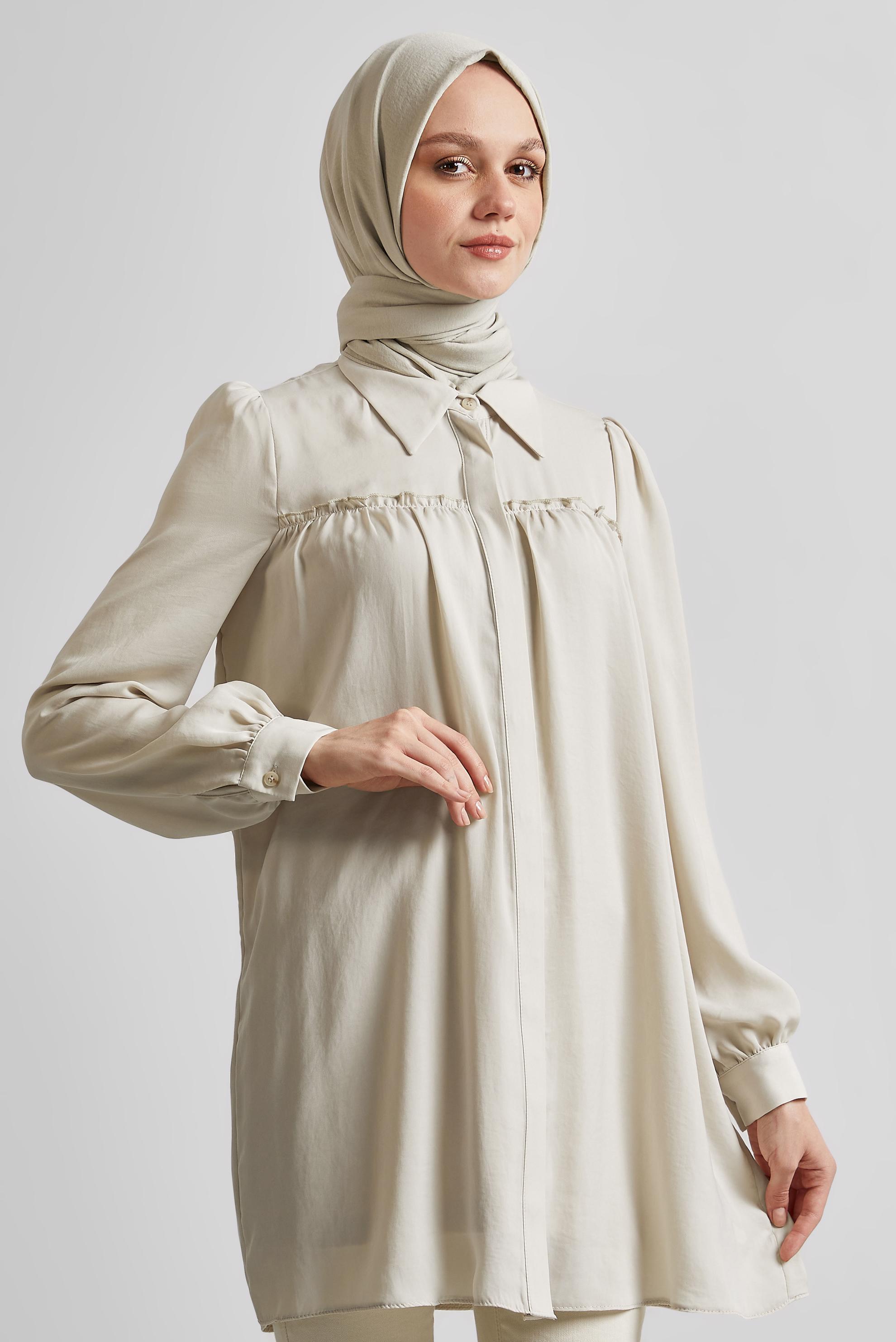 Tesettür giyim BEJ GÖMLEK YAKA TUNİK 45415 