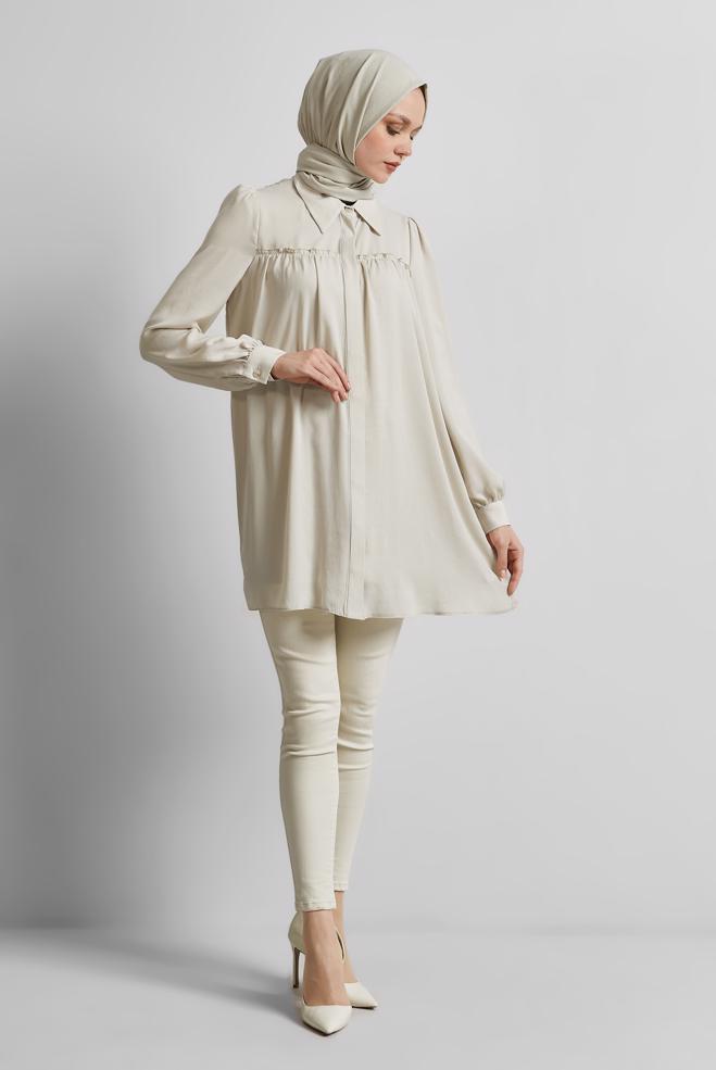 Tesettür giyim BEJ GÖMLEK YAKA TUNİK 45415  - ALVİNA
