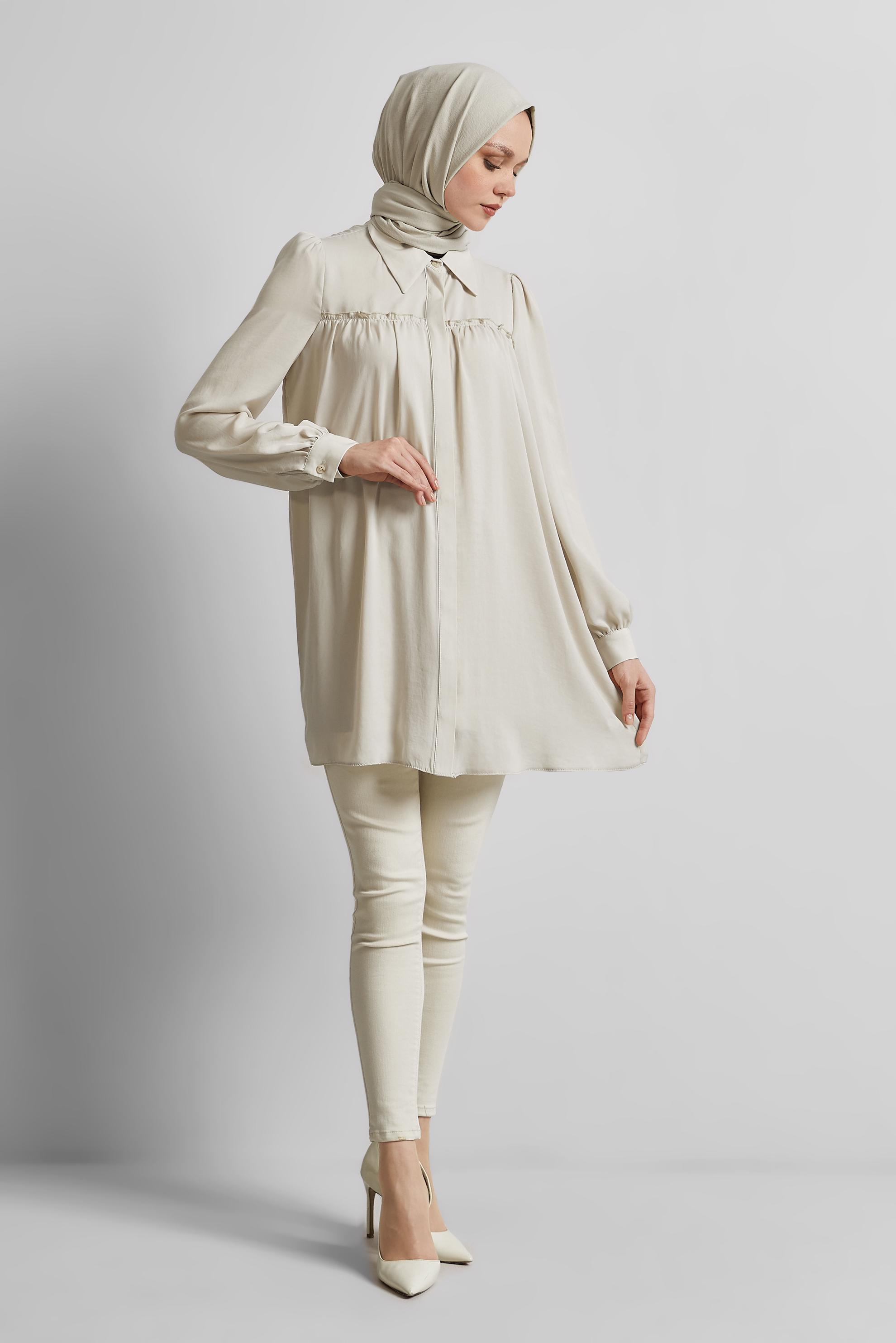 Tesettür giyim BEJ GÖMLEK YAKA TUNİK 45415 