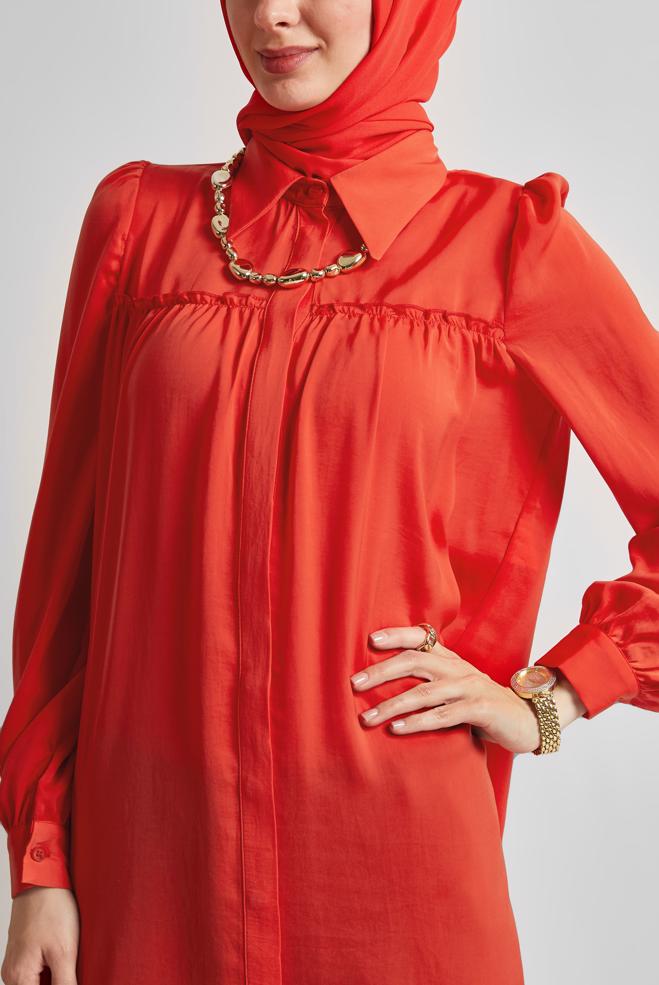 Tesettür giyim KIRMIZI GÖMLEK YAKA TUNİK 45415  - ALVİNA