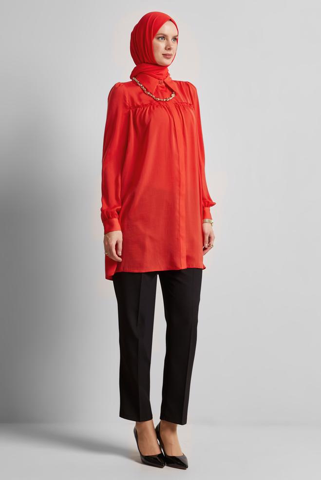Tesettür giyim KIRMIZI GÖMLEK YAKA TUNİK 45415  - ALVİNA