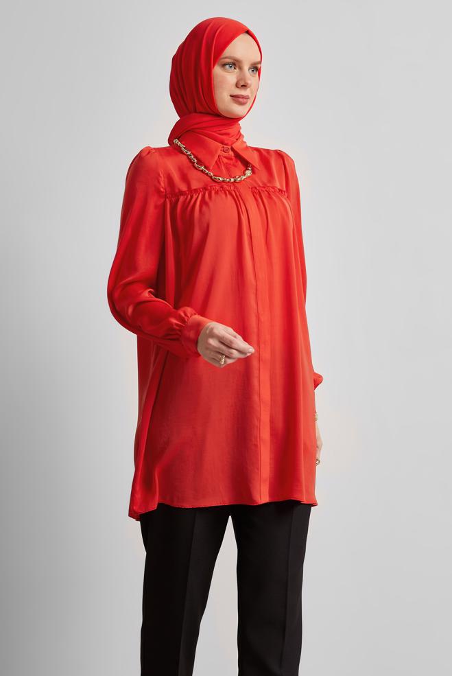 Tesettür giyim KIRMIZI GÖMLEK YAKA TUNİK 45415  - ALVİNA