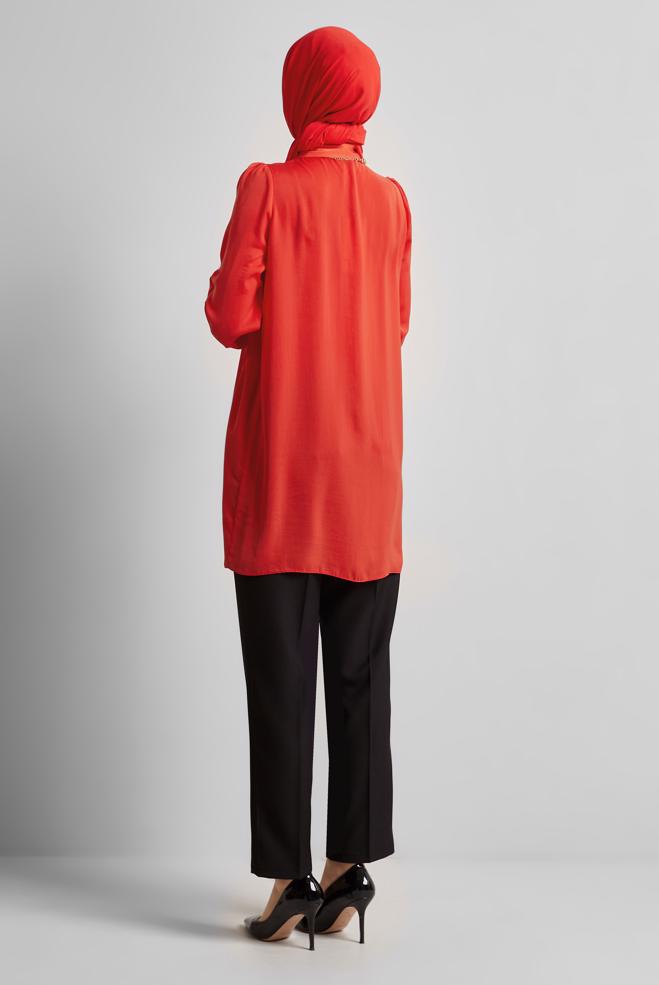 Tesettür giyim KIRMIZI GÖMLEK YAKA TUNİK 45415  - ALVİNA