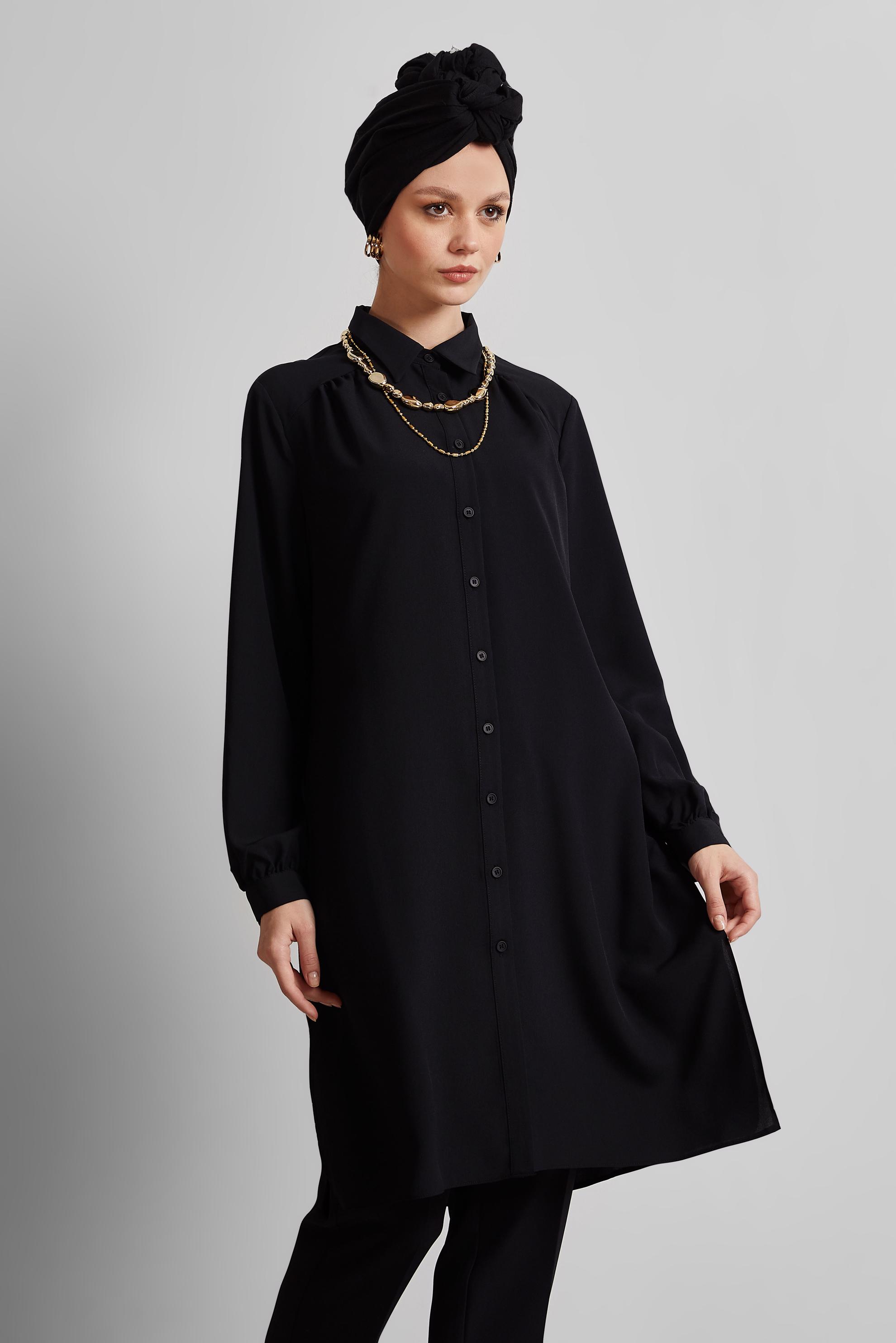 Tesettür giyim SİYAH GÖMLEK YAKA TUNİK 45416