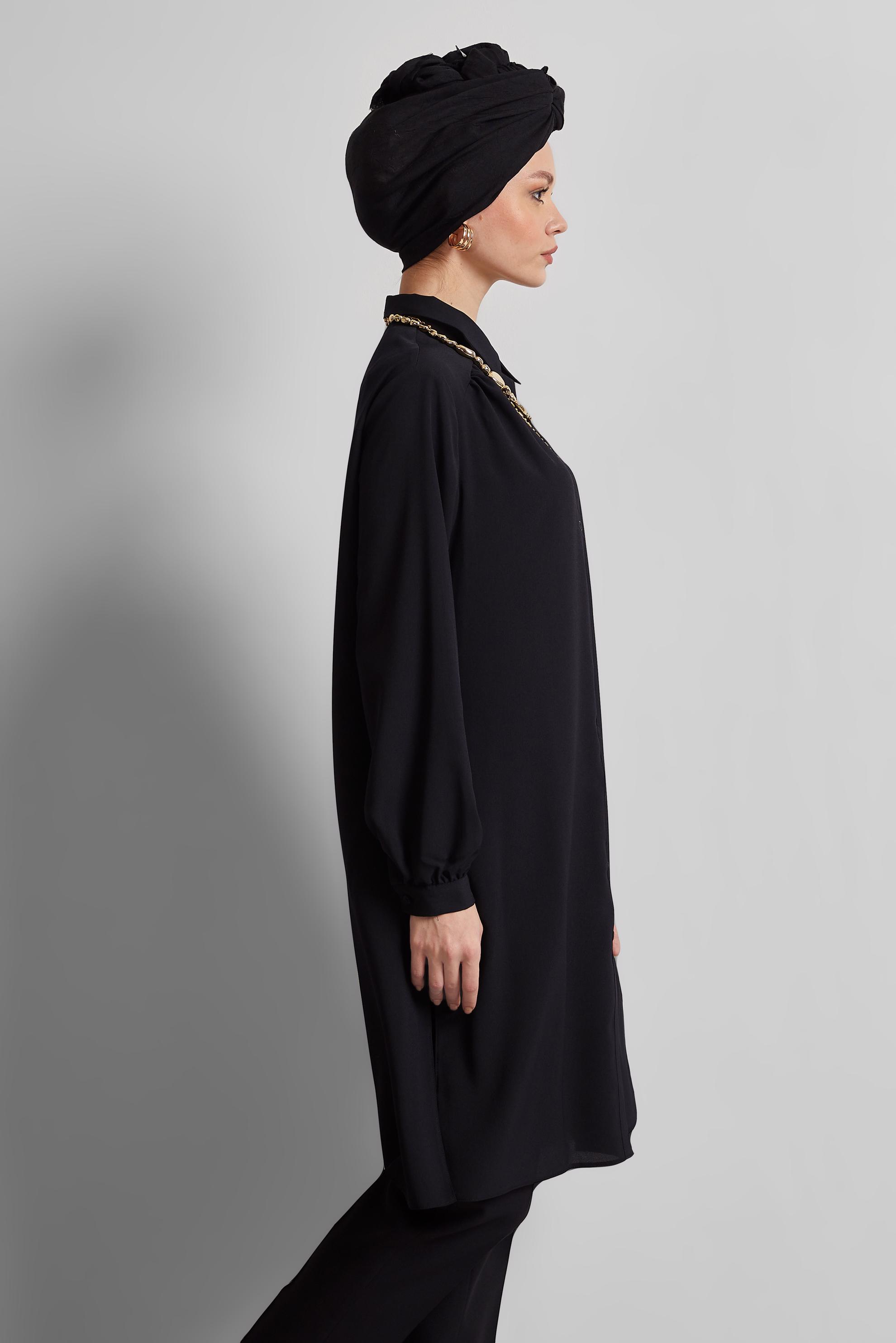 Tesettür giyim SİYAH GÖMLEK YAKA TUNİK 45416