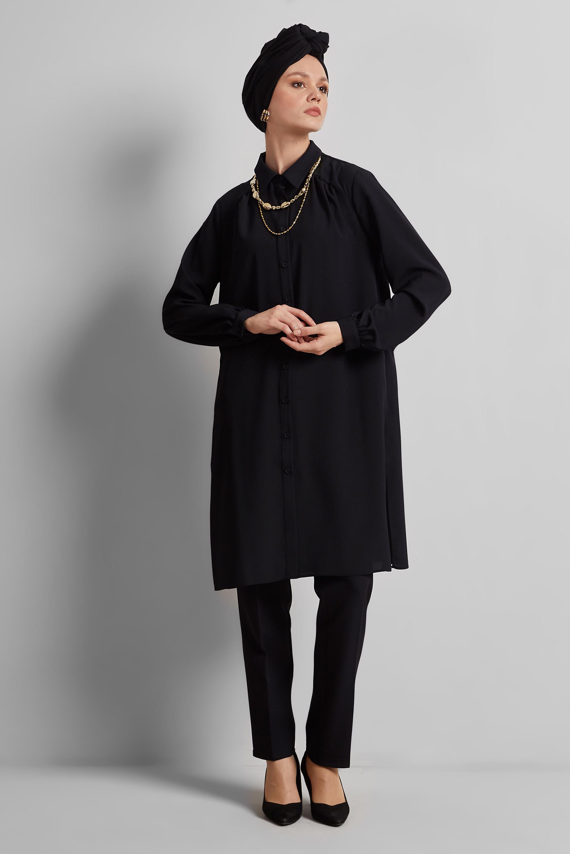 Tesettür giyim SİYAH GÖMLEK YAKA TUNİK 45416